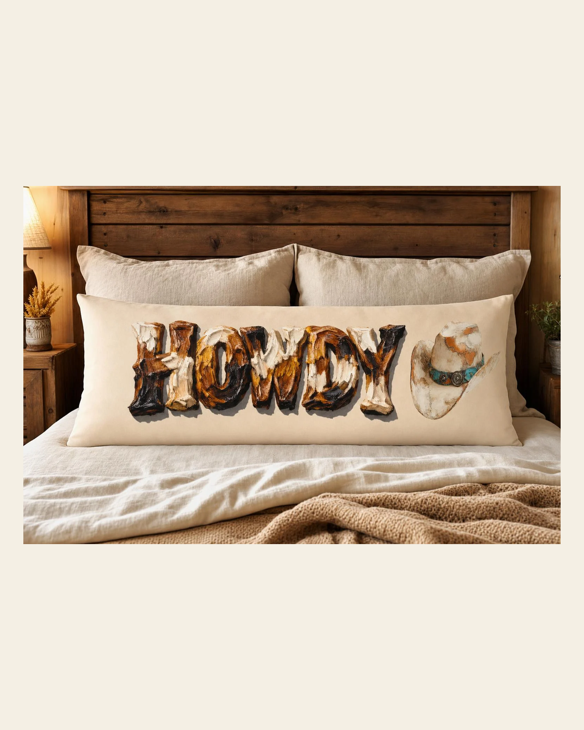Baha Ranch Western Howdy Highland Cow Body Pillow Cover Made in America on a warm cream background