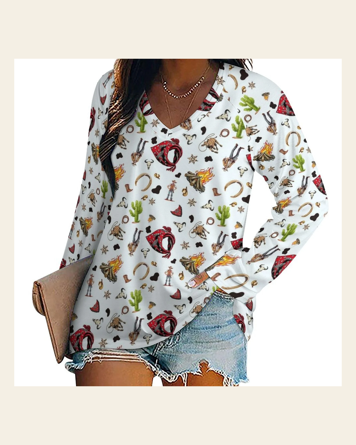 Baha Ranch Western Long Sleeve Top on a warm cream background