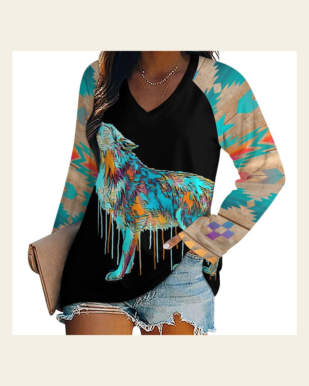 Baha Ranch Western Native Wolf Long Sleeve Tee on a warm cream background
