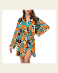 Baha Ranch Western Patchwork Women's Belted Satin Feel Dressing Lounge Robe on a warm cream background