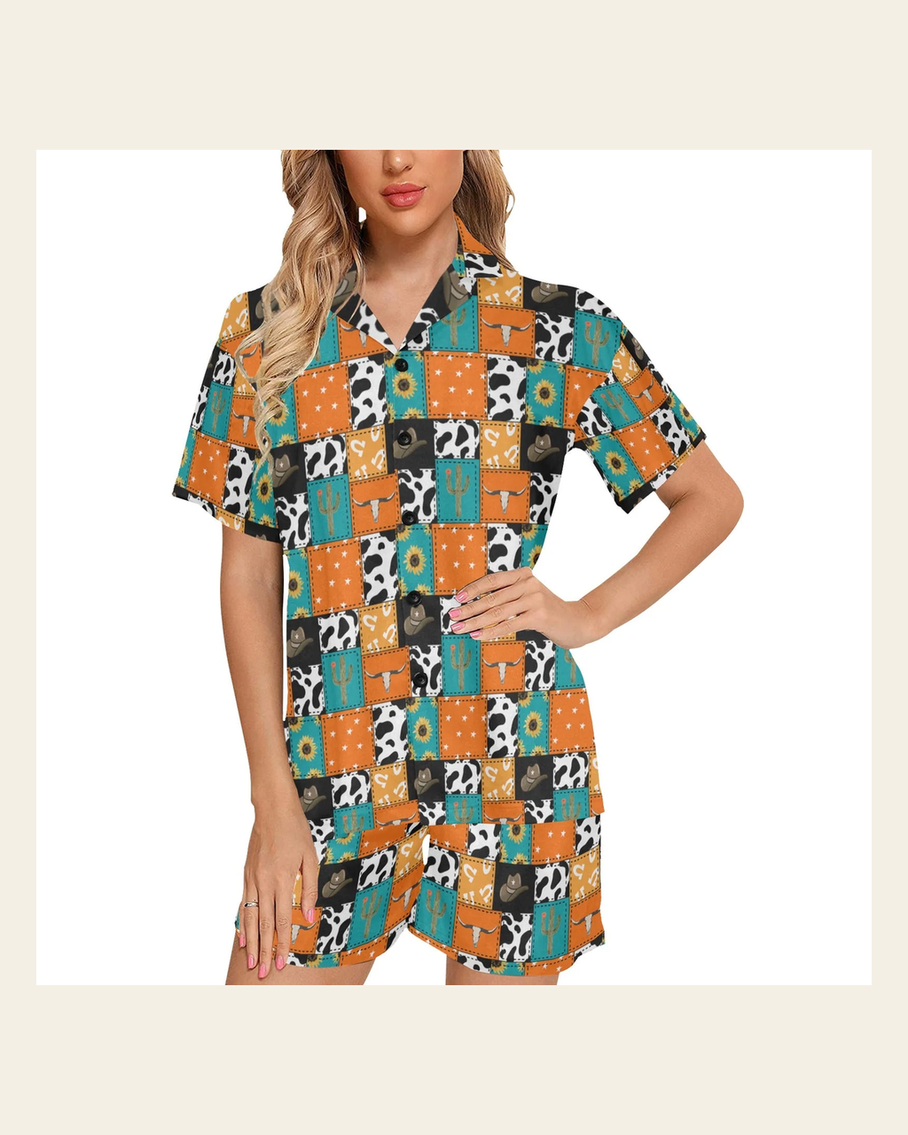 Baha Ranch Western Patchwork Women's Western Pajama Set on a warm cream background