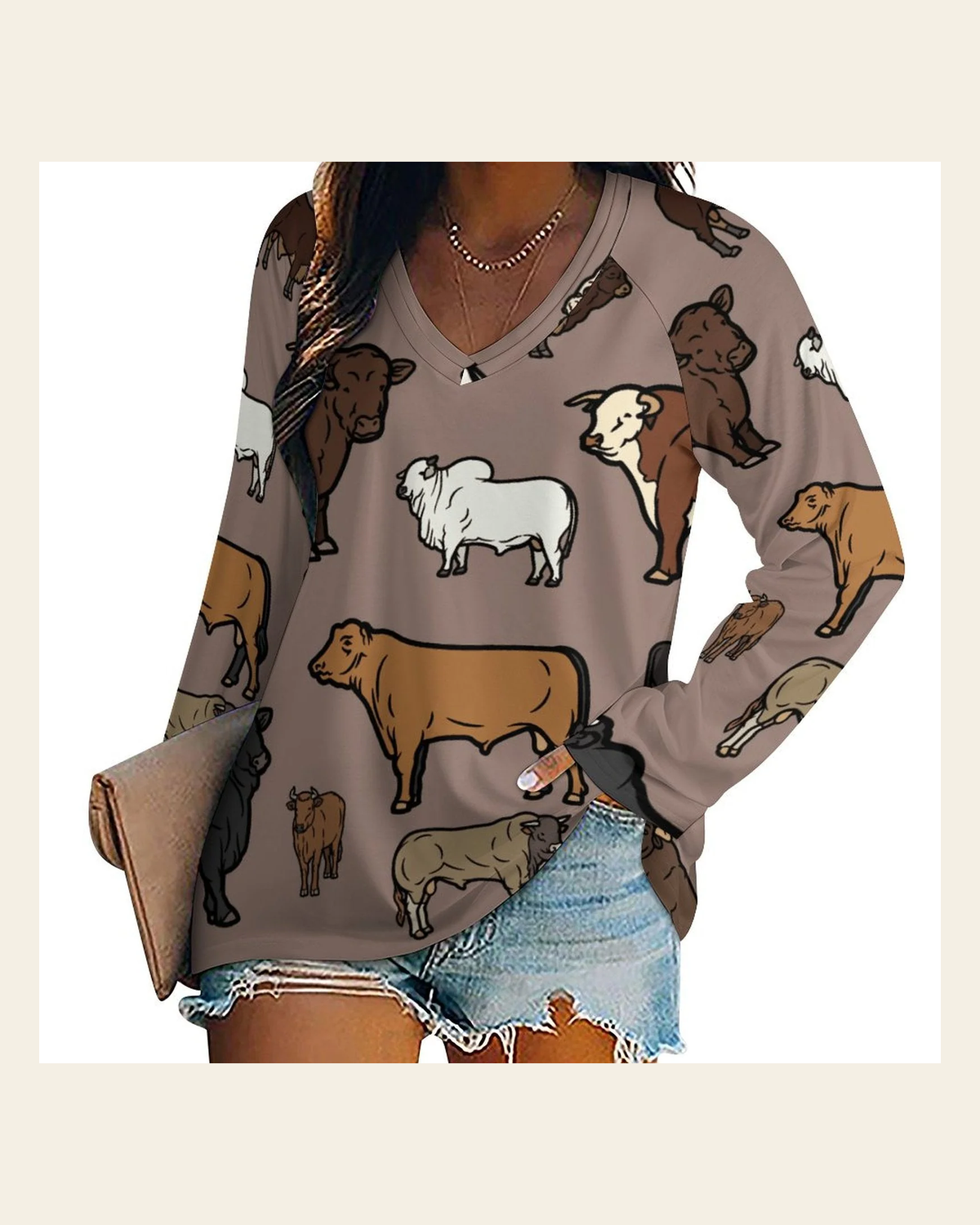 Baha Ranch Western Print Cows Cattle Long Sleeve Top on a warm cream background
