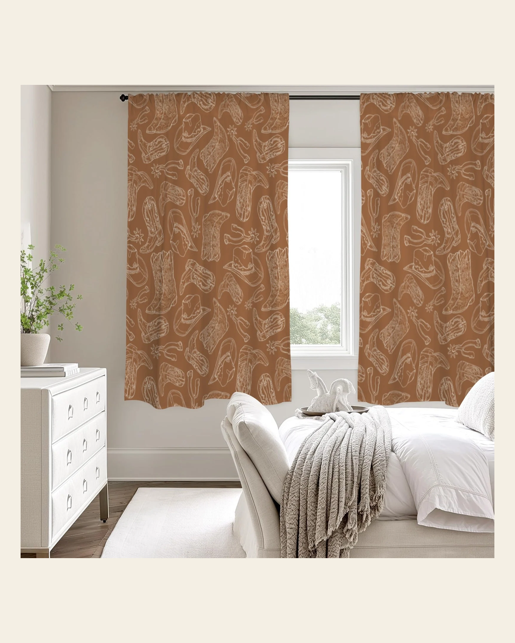 Baha Ranch Western Print Curtains (52" x 63" ) Made in America on a warm cream background