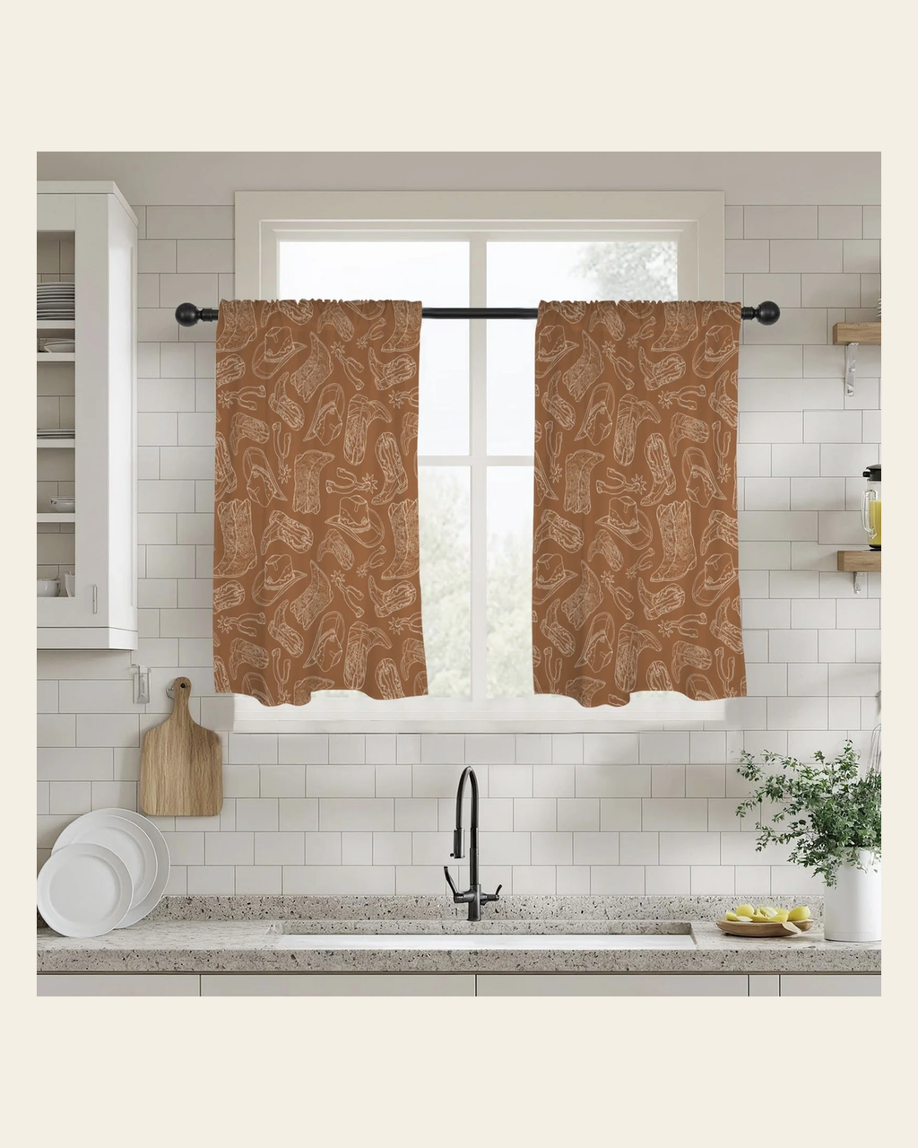 Baha Ranch Western Print Curtains Window Curtain 28"x40" (2-Piece) Made in America on a warm cream background