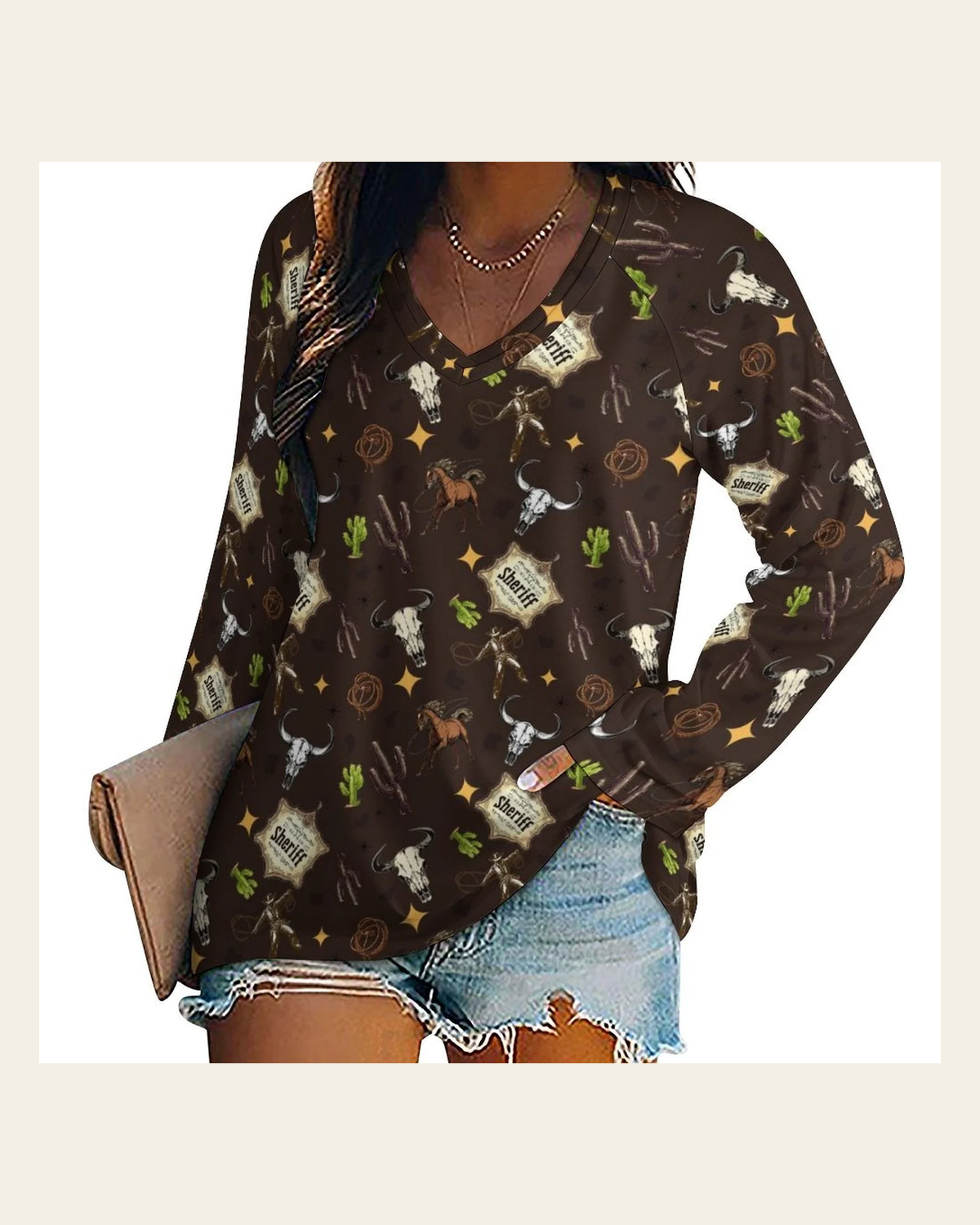 Baha Ranch Western Print Long Sleeve Tee on a warm cream background