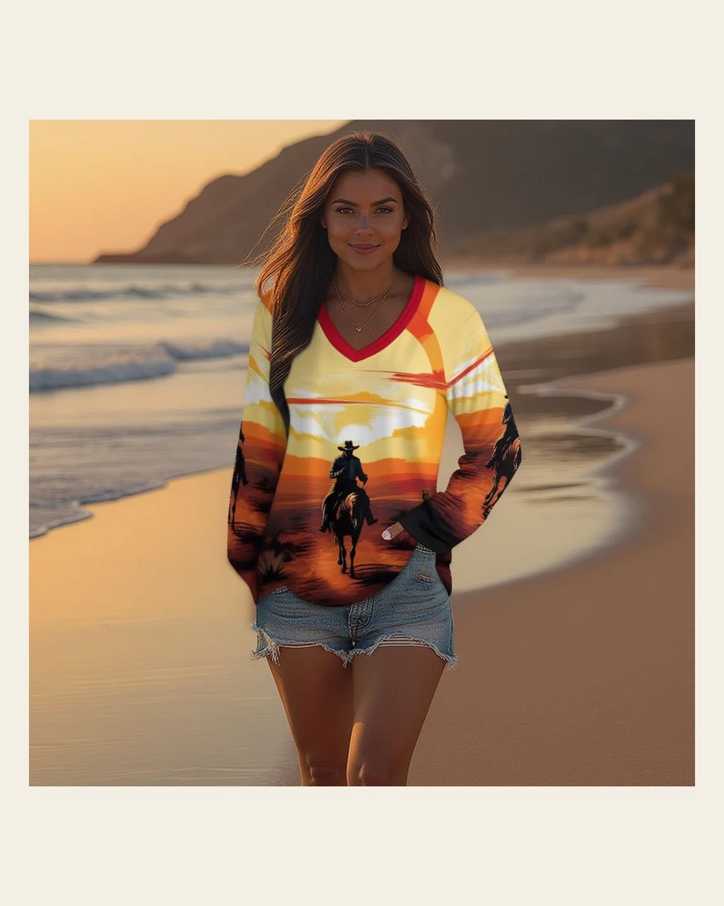 Baha Ranch Western Print Long Sleeve Top on a warm cream background
