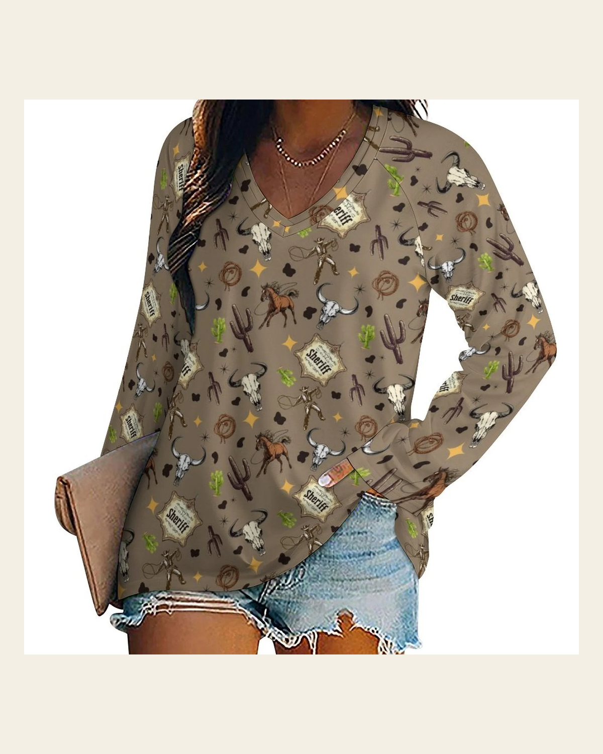 Baha Ranch Western Print Long Sleeve Top on a warm cream background