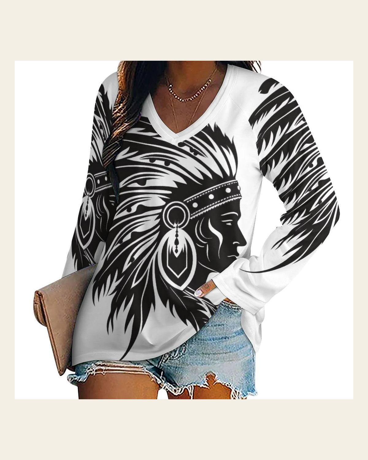 Baha Ranch Western Print Long Sleeve top on a warm cream background