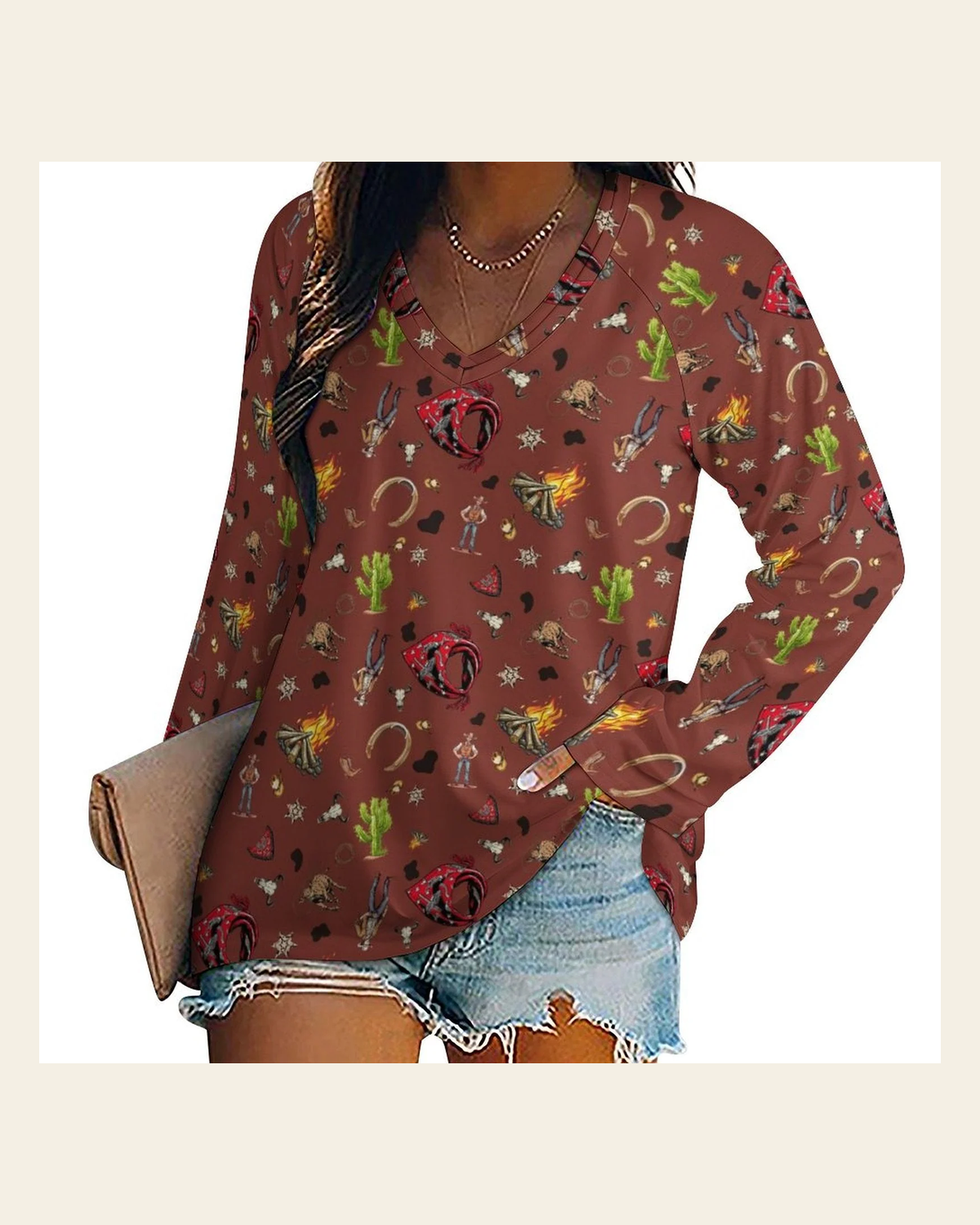 Baha Ranch Western Print Long Sleeve Top on a warm cream background