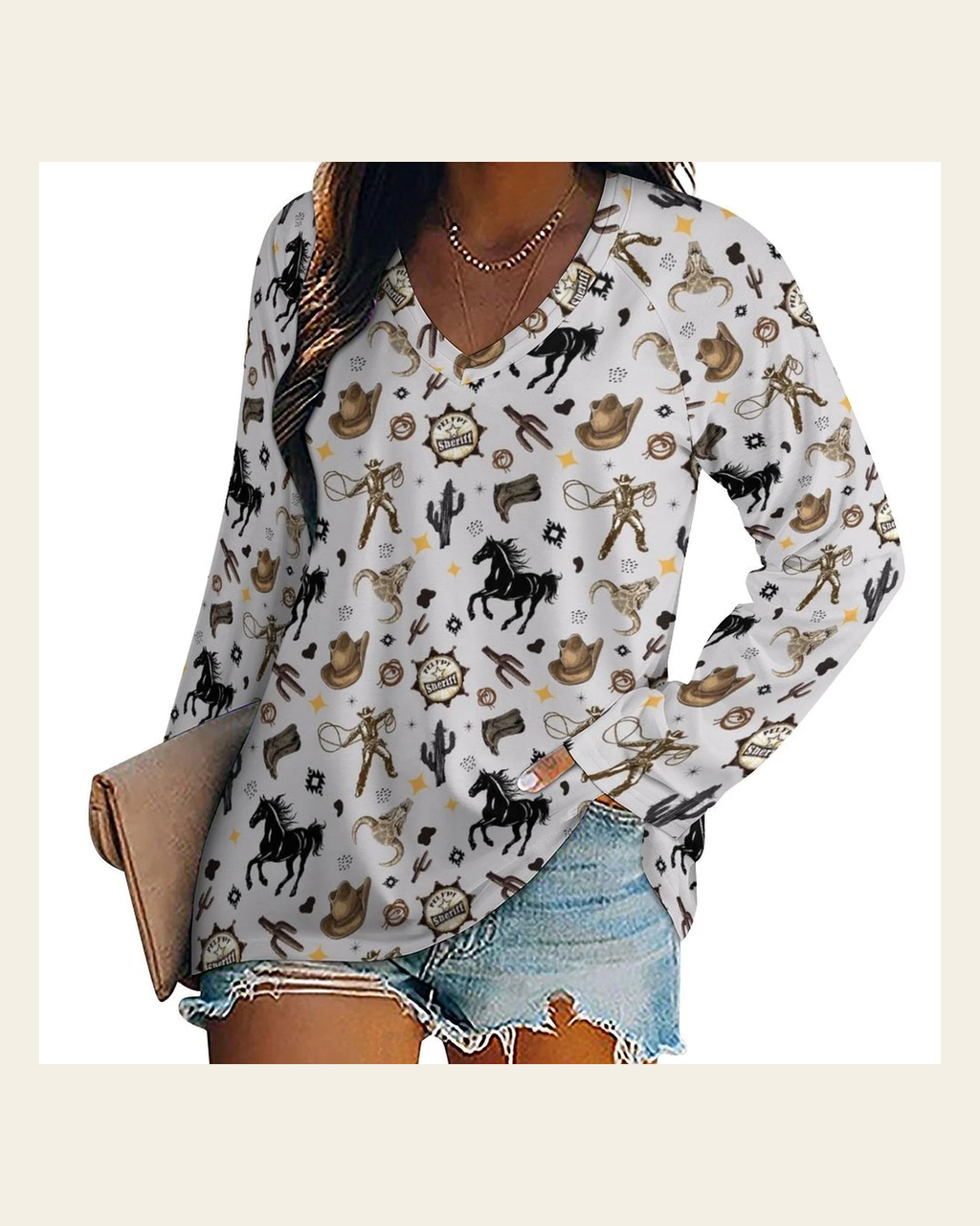 Baha Ranch Western Print Long Sleeve Top on a warm cream background