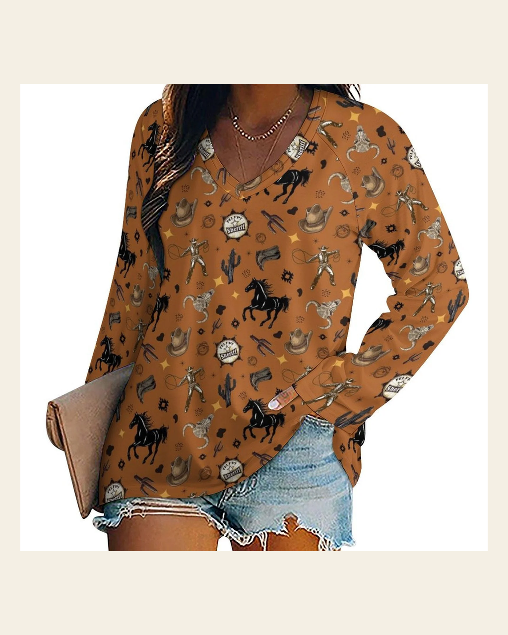 Baha Ranch Western Print Long Sleeve Top on a warm cream background