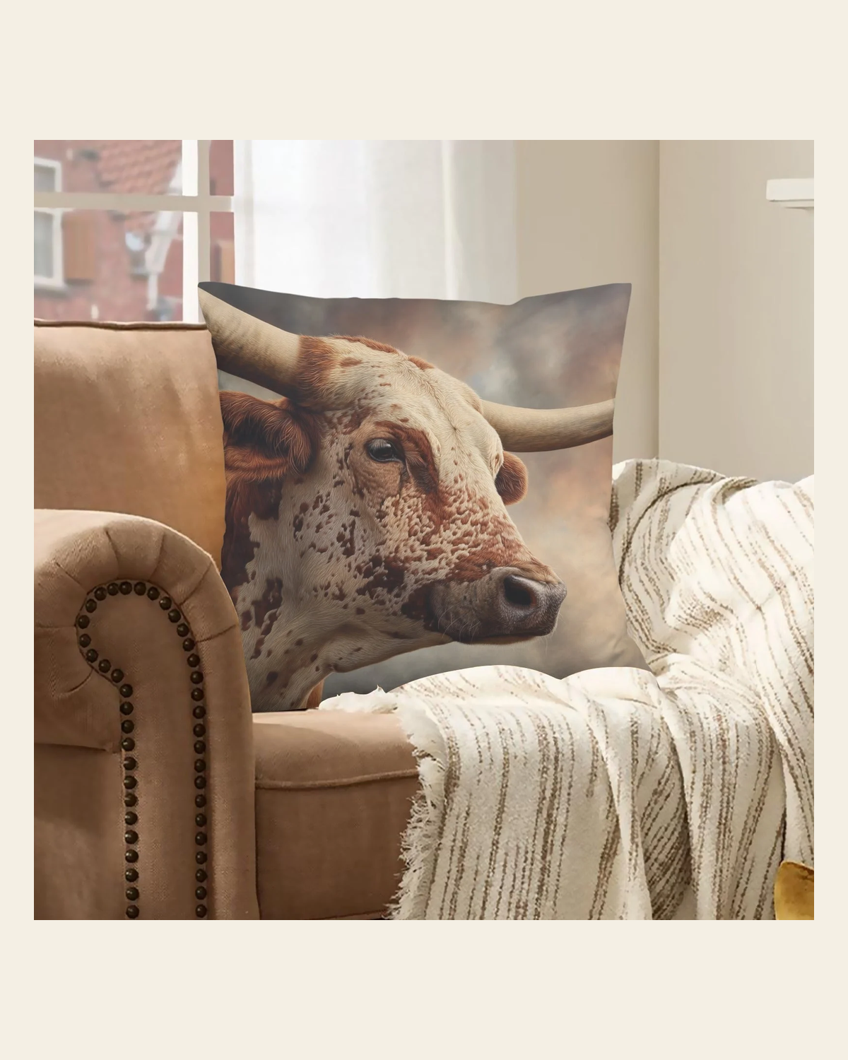 Baha Ranch Western Ranch Bull Velvety Soft Pillow Cover Made in America on a warm cream background