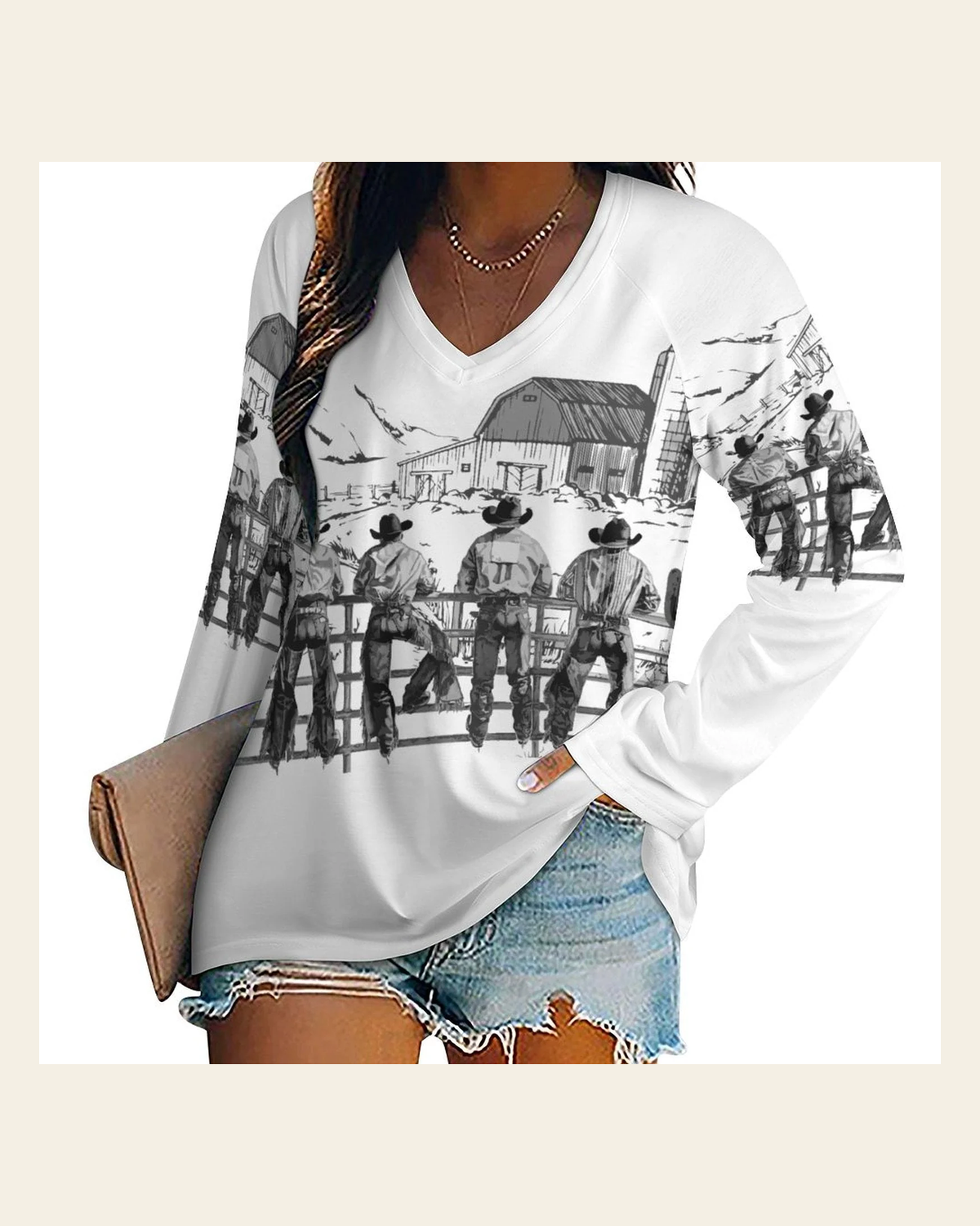 Baha Ranch Western Ranching Long Sleeve Top on a warm cream background