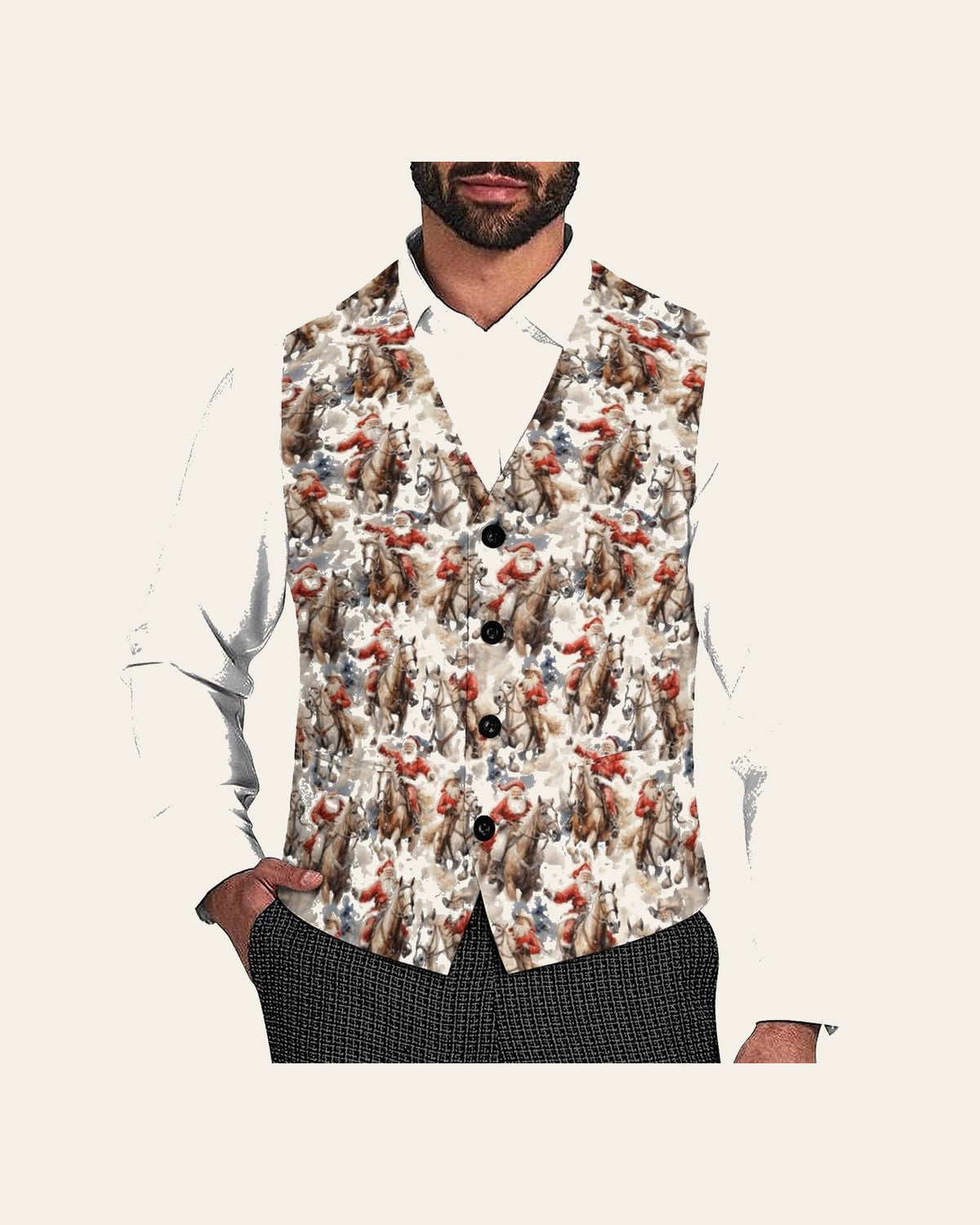 Baha Ranch Western Santa Christmas Men's Vest on a warm cream background