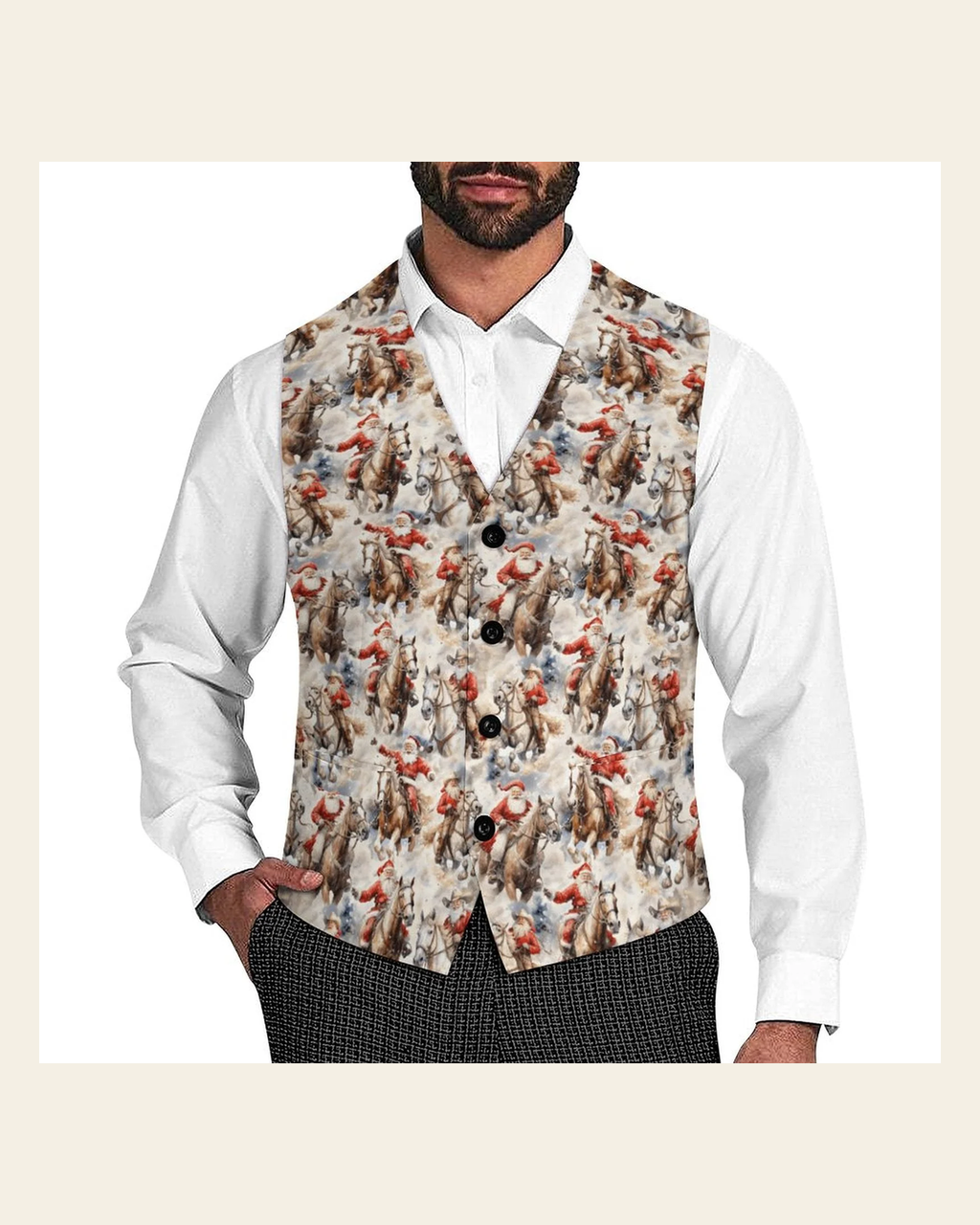 Baha Ranch Western Santa Christmas Men's Vest on a warm cream background