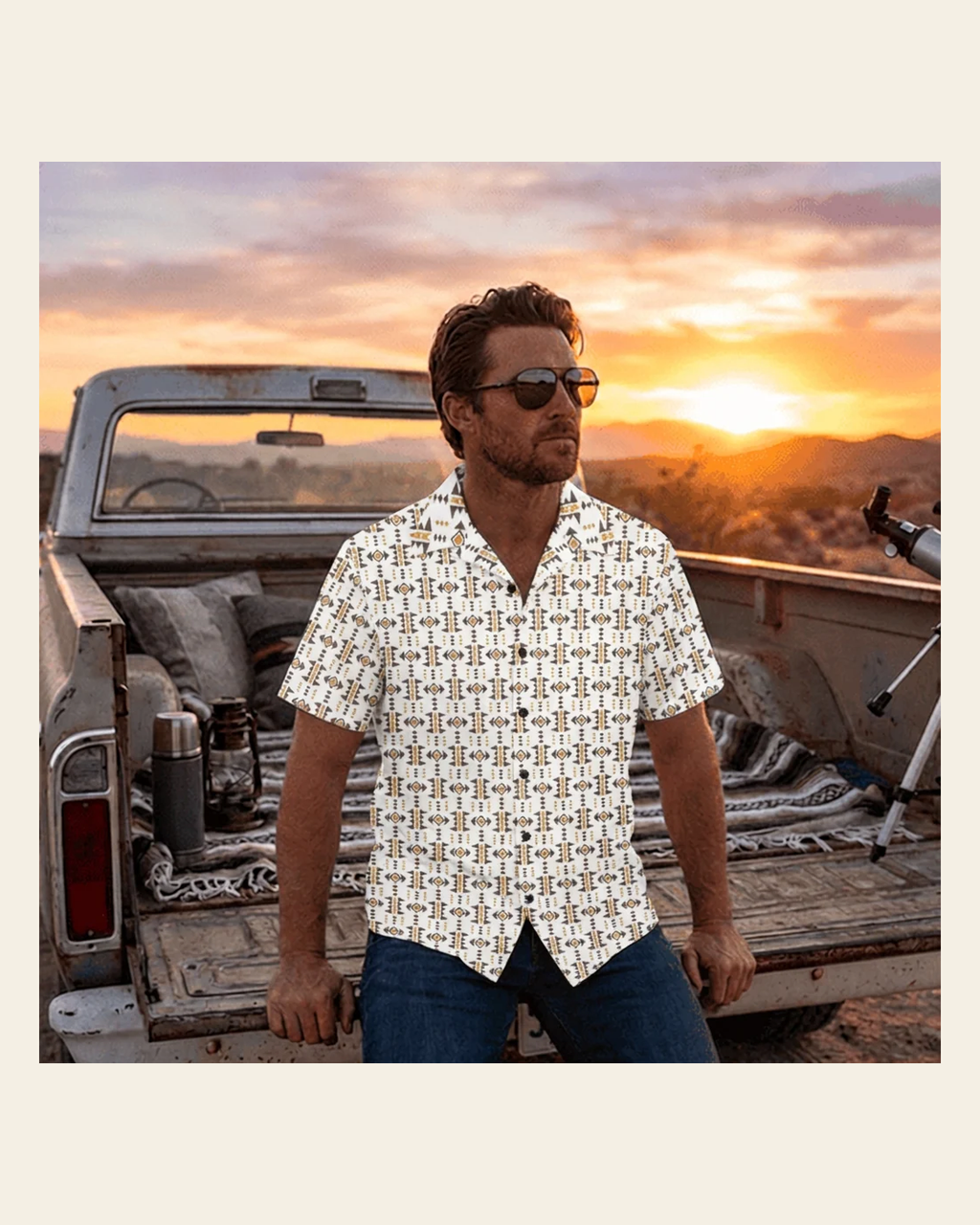 Baha Ranch White Aztec Hawaiian Shirt Made in America on a warm cream background