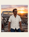 Baha Ranch White Aztec Hawaiian Shirt Made in America on a warm cream background