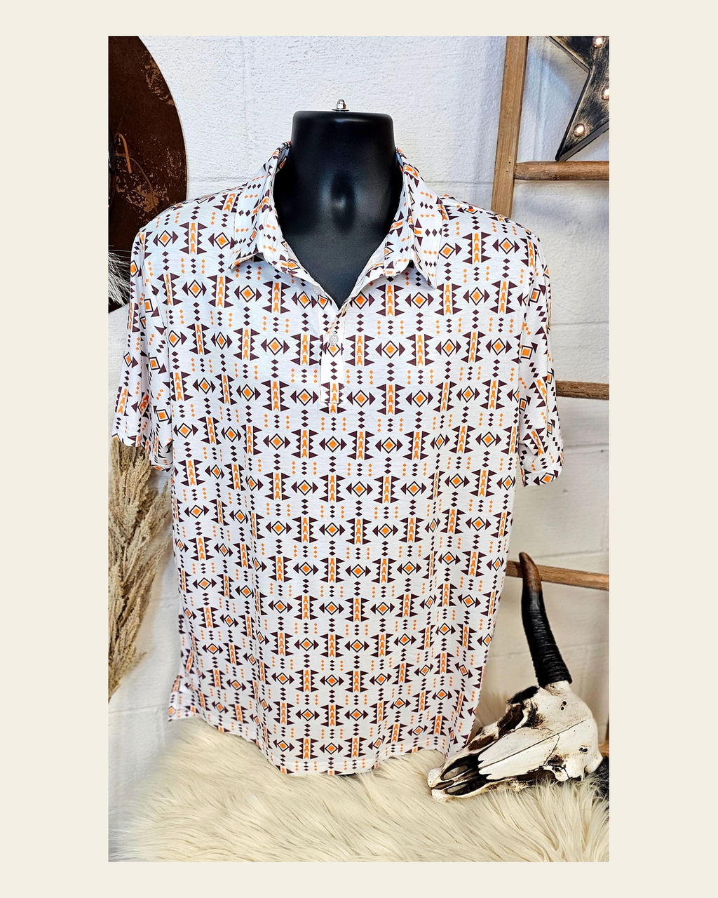 Baha Ranch White Aztec Men's Polo Style Shirt on a warm cream background