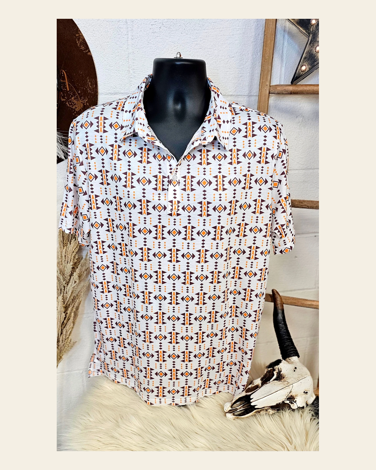 Baha Ranch White Aztec Men's Polo Style Shirt on a warm cream background