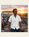 Baha Ranch White Bullhead Aztec Hawaiian Shirt Made in America on a warm cream background