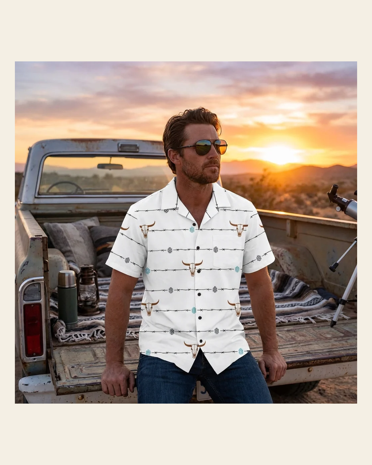 Baha Ranch White Bullhead Aztec Hawaiian Shirt Made in America on a warm cream background