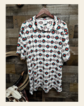 Baha Ranch White Teal Aztec Men's Western Polo Shirt on a warm cream background