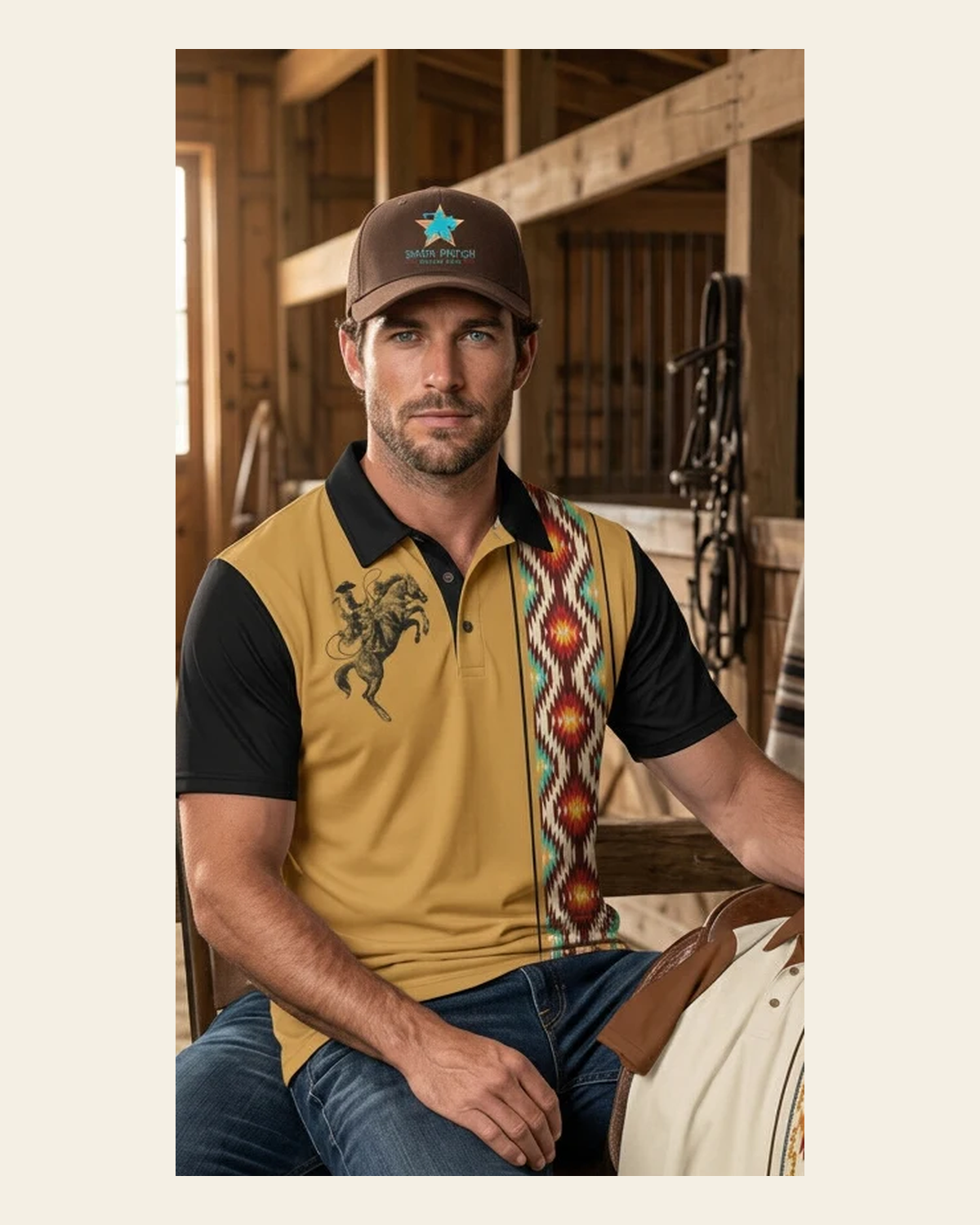Baha Ranch Wild Cowboy Aztec Western Polo Shirt on a warm cream background