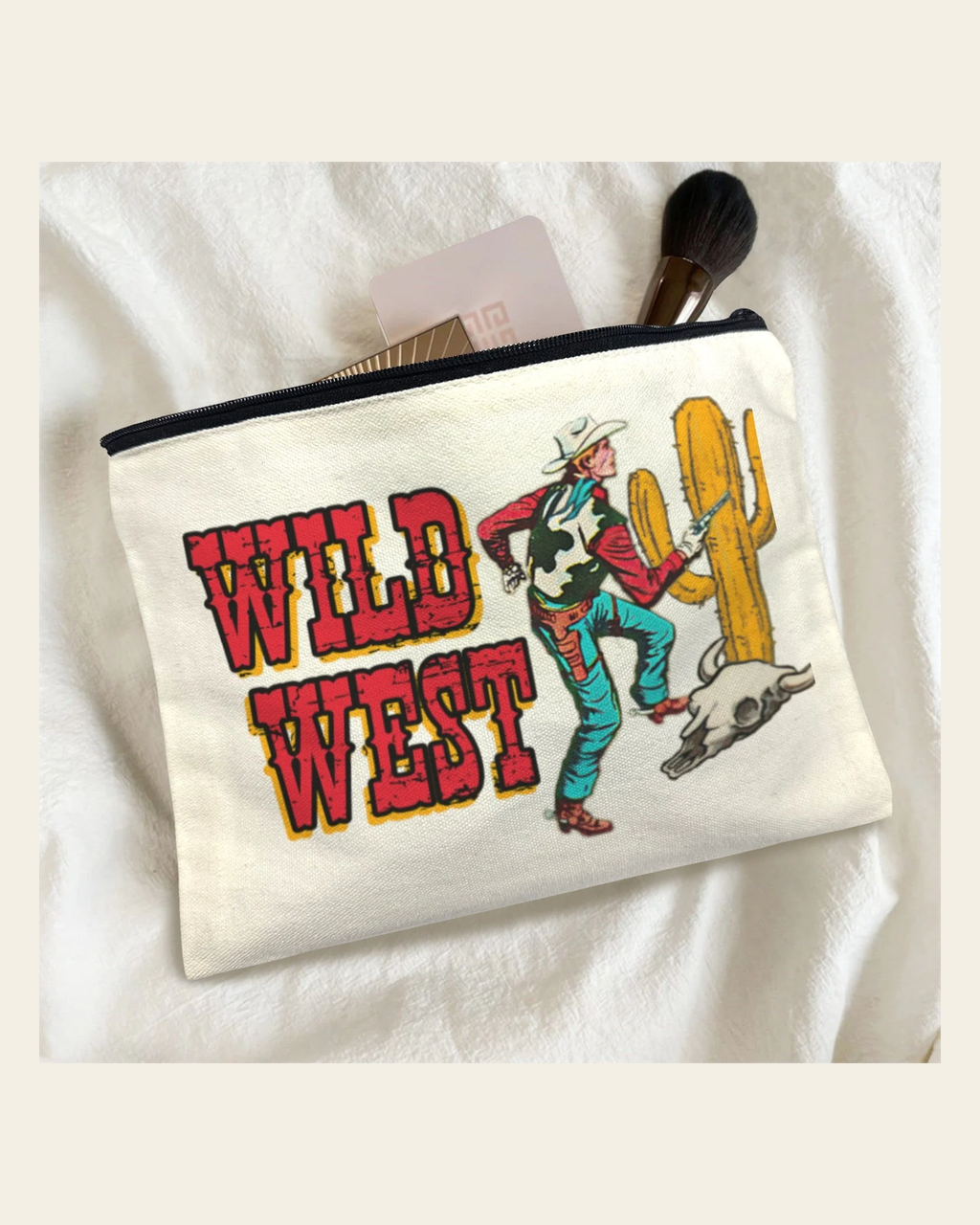 Baha Ranch Wild West Cowboy Cosmetic Bag Pack of 5 Made in America on a warm cream background