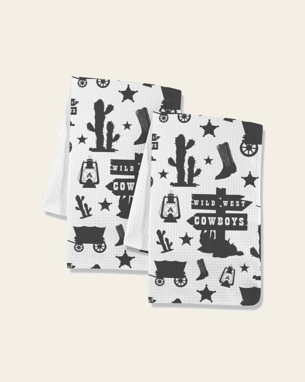 Baha Ranch Wild West Cowboys Set of 2 Dish Towels Made in America on a warm cream background