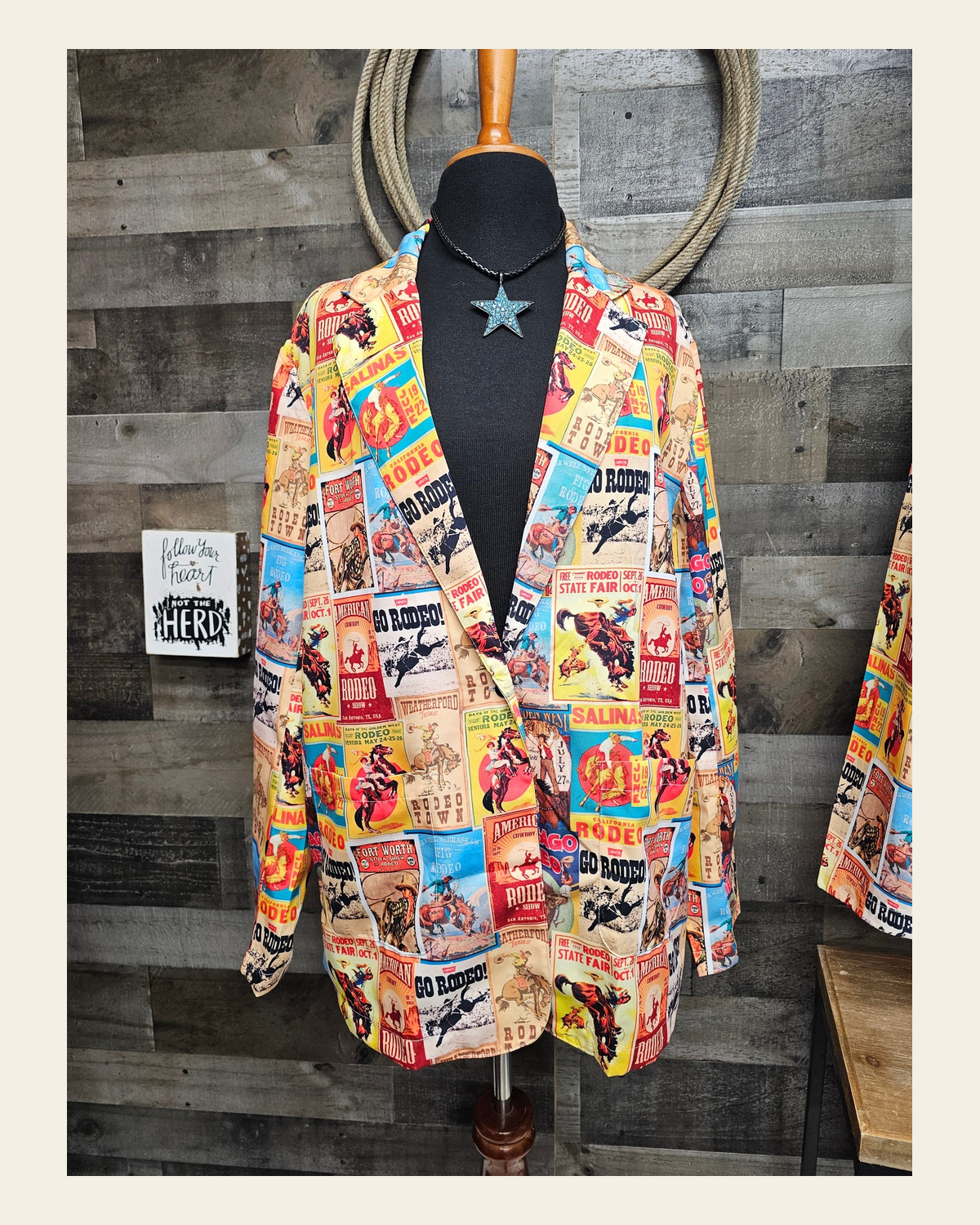 Baha Ranch Women's Vintage Rodeo Poster Blazer on a warm cream background
