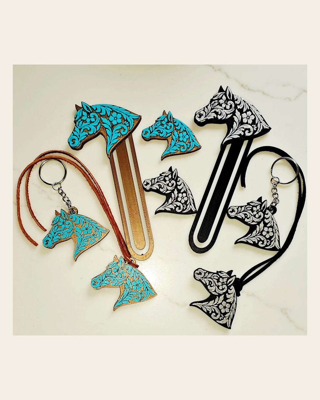 Baha Ranch Year of the Horse Tooled 3d Print Bookmark Keychain Hatpin Magnet Purse Charm Made in America on a warm cream background