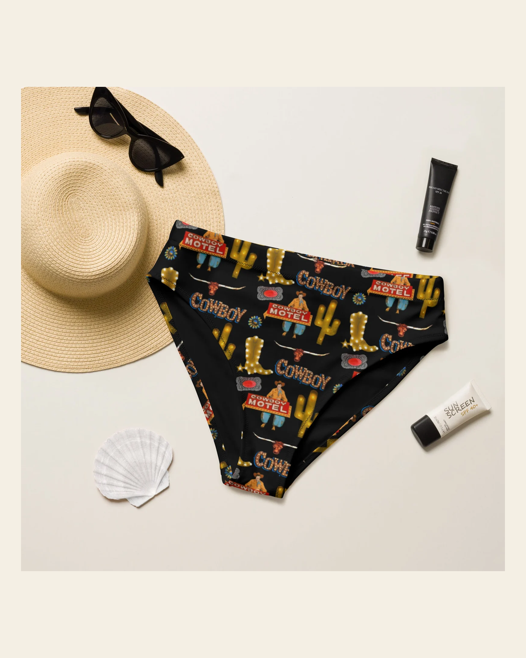 Baha Ranch Yeehaw All Cowboy Bikini Bottom on a warm cream background