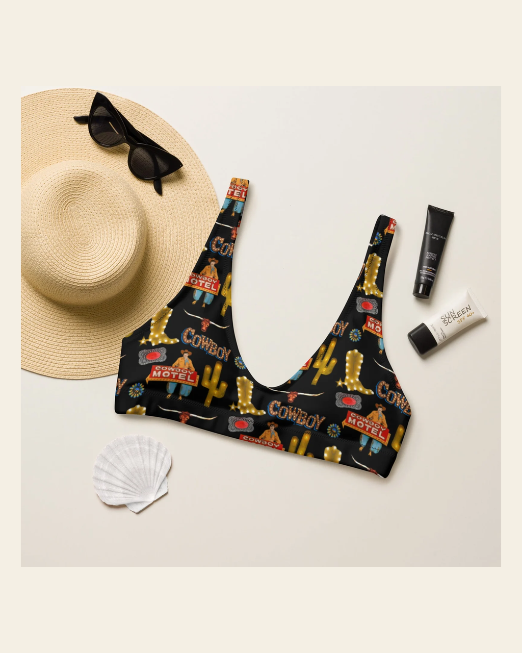 Baha Ranch Yeehaw All Cowboy Bikini Top on a warm cream background