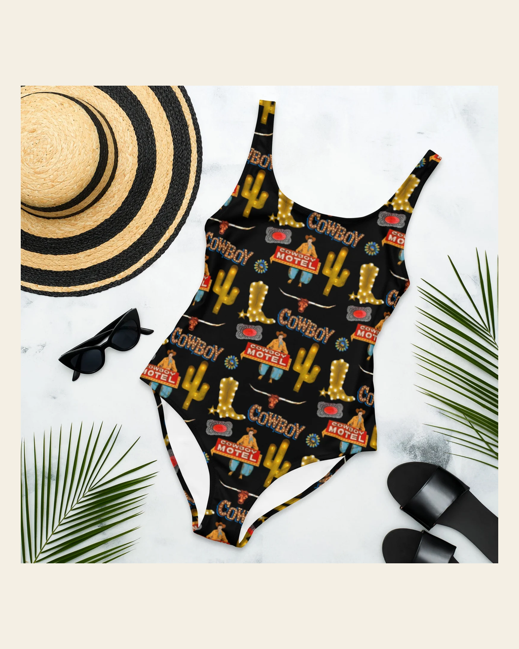 Baha Ranch Yeehaw All Cowboy One Piece Swim Suit on a warm cream background