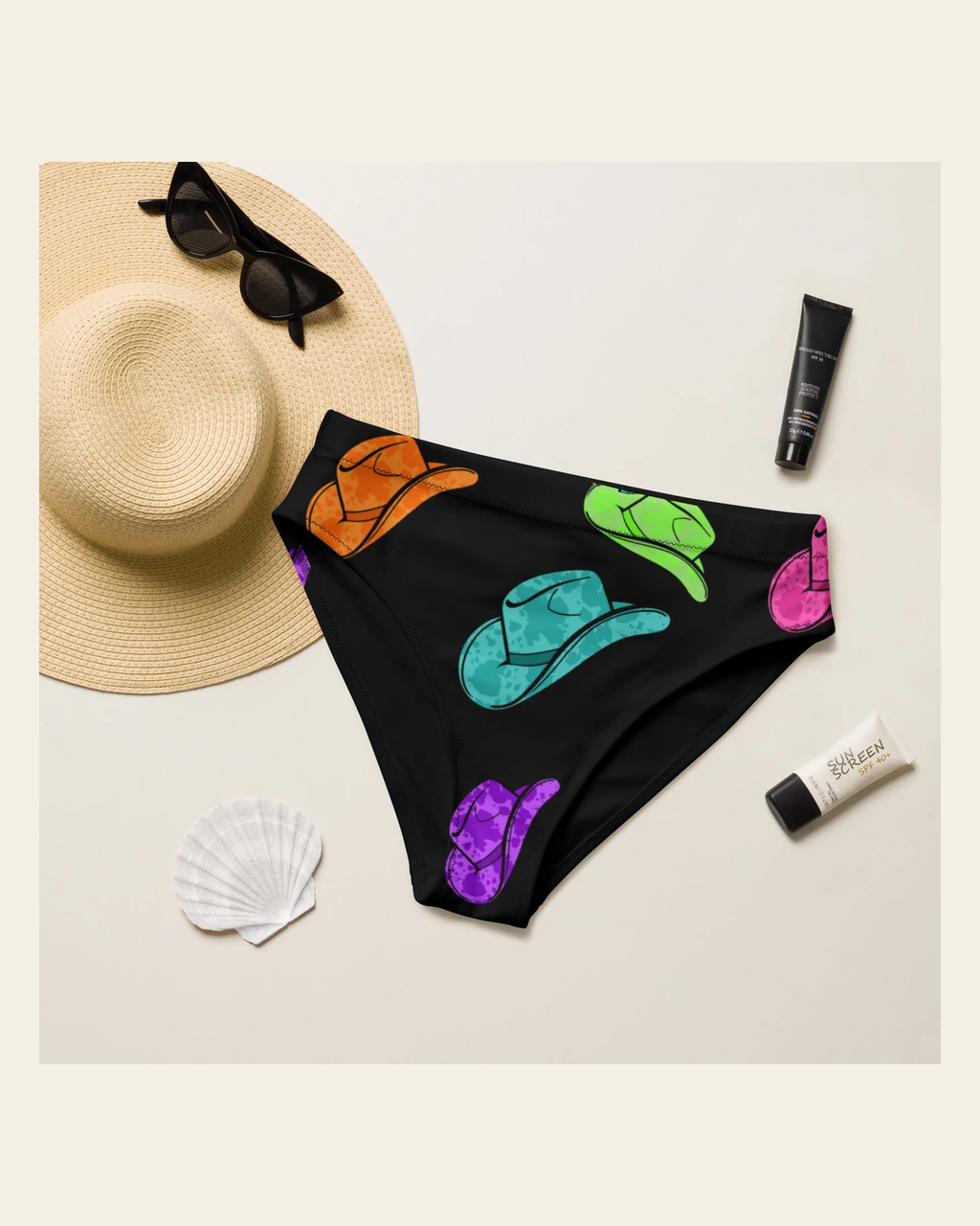 Baha Ranch Yeehaw All Neon Hat Bikini Bottom on a warm cream background