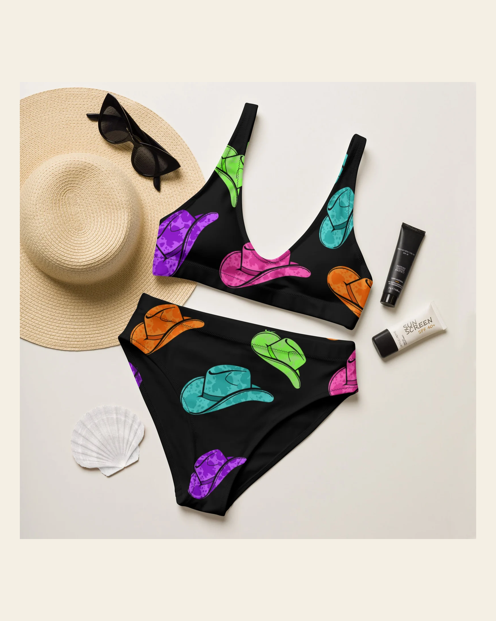 Baha Ranch Yeehaw All Neon Hat Bikini on a warm cream background