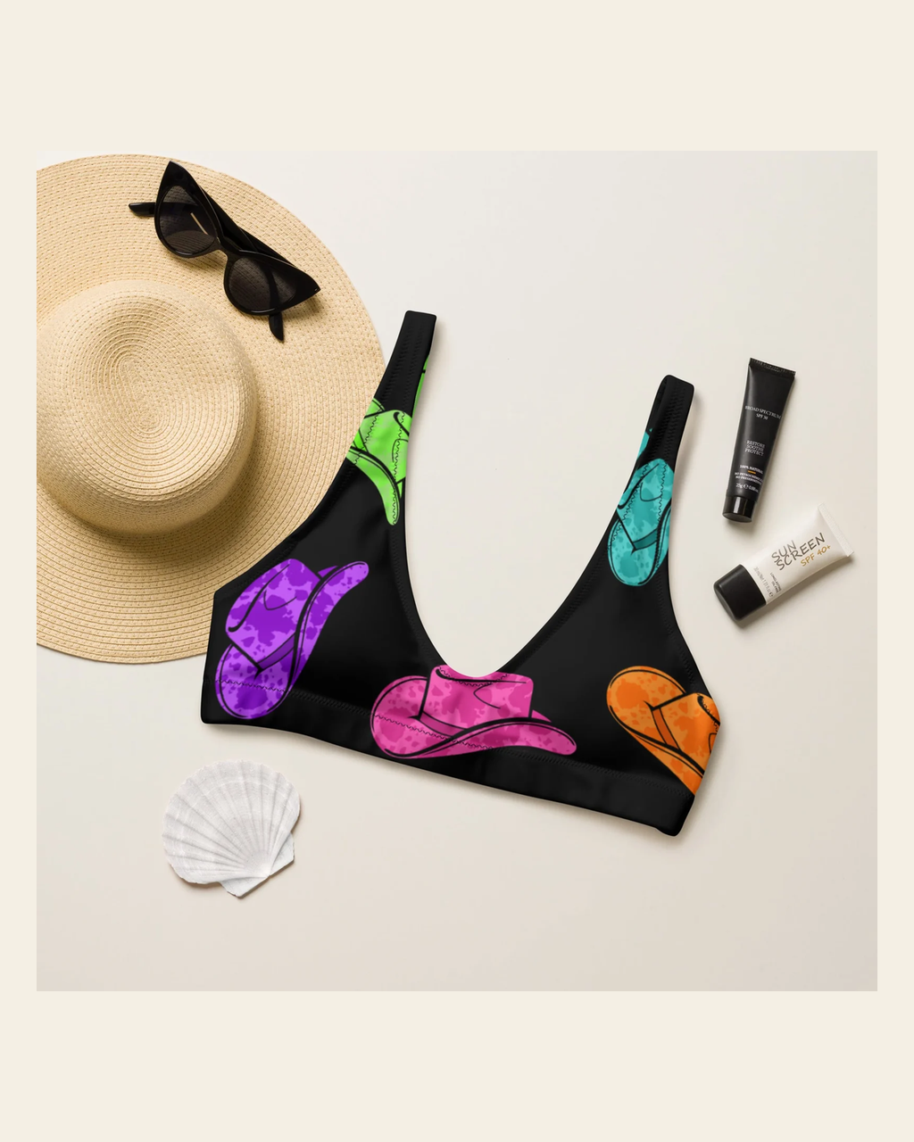 Baha Ranch Yeehaw All Neon Hat Bikini Top on a warm cream background
