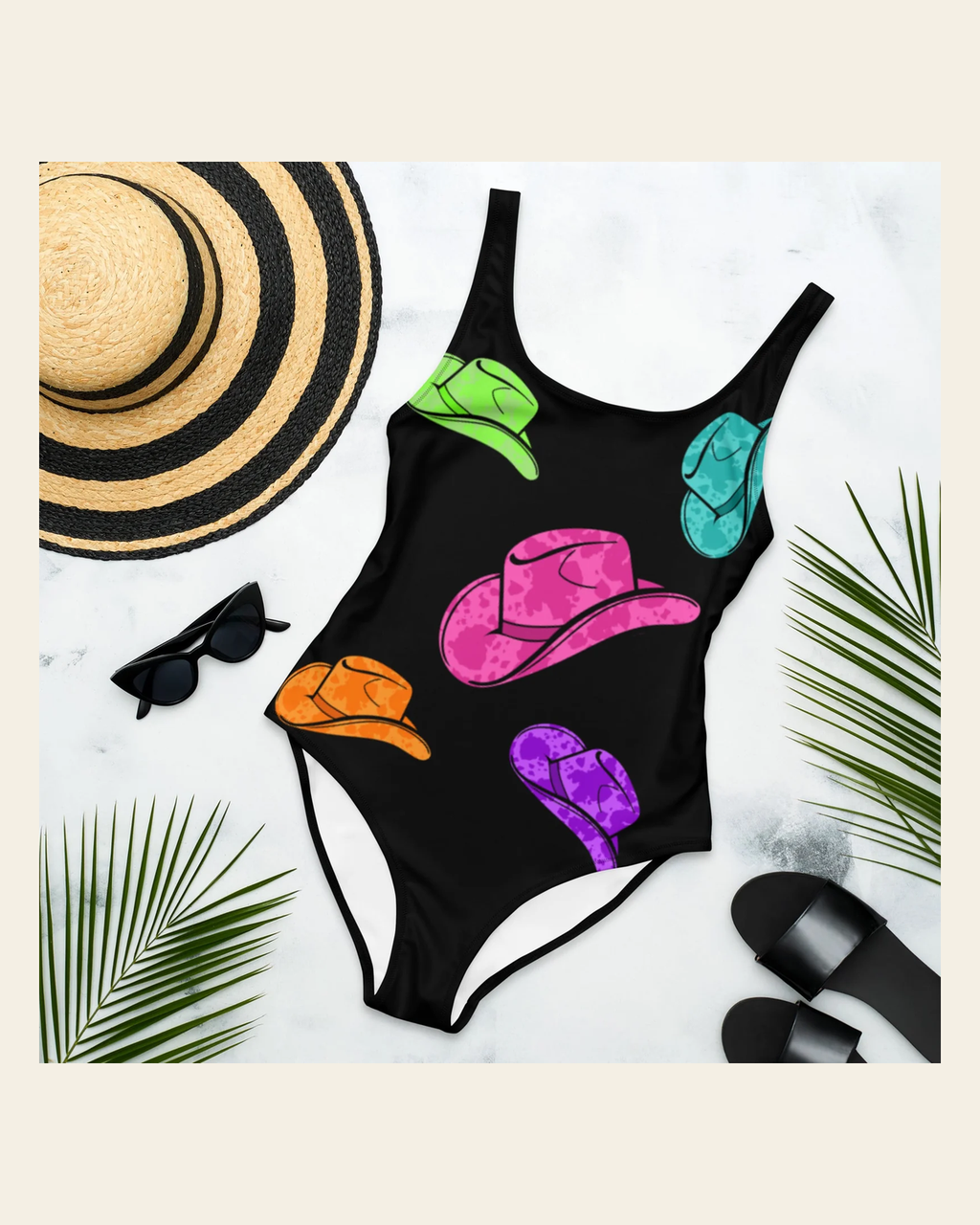 Baha Ranch Yeehaw All Neon Hat One-Piece Swimsuit on a warm cream background