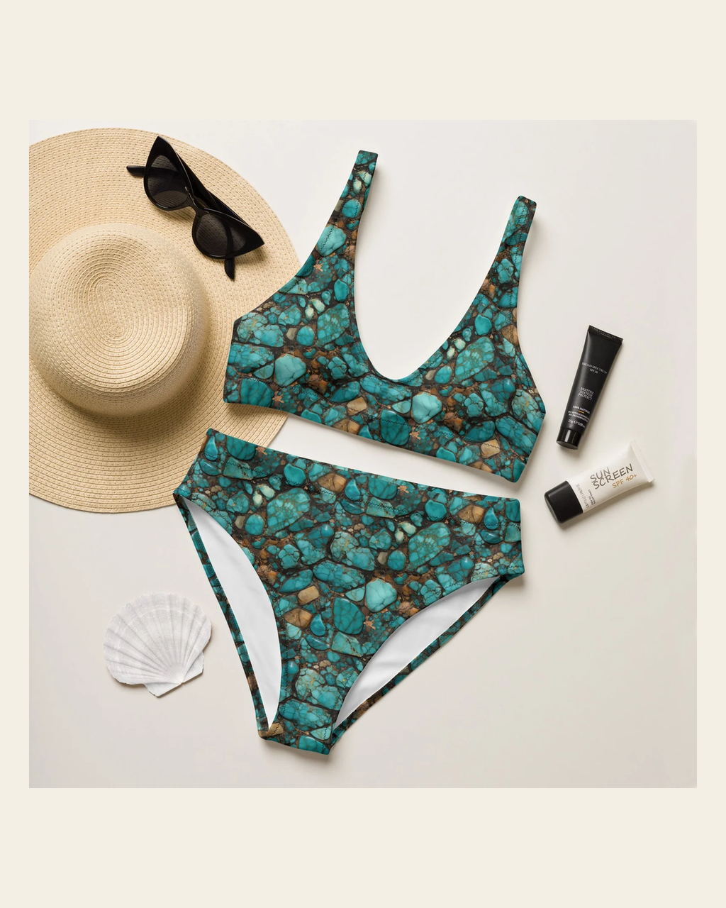 Baha Ranch Yeehaw All Turquoise Bikini on a warm cream background