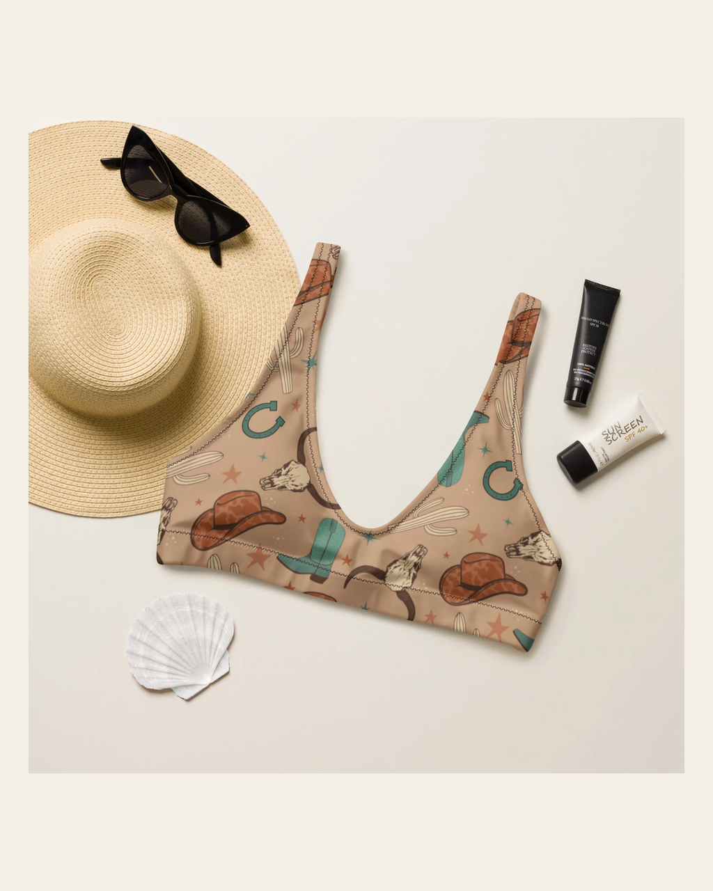 Baha Ranch Yeehaw All Western Bikini Top on a warm cream background