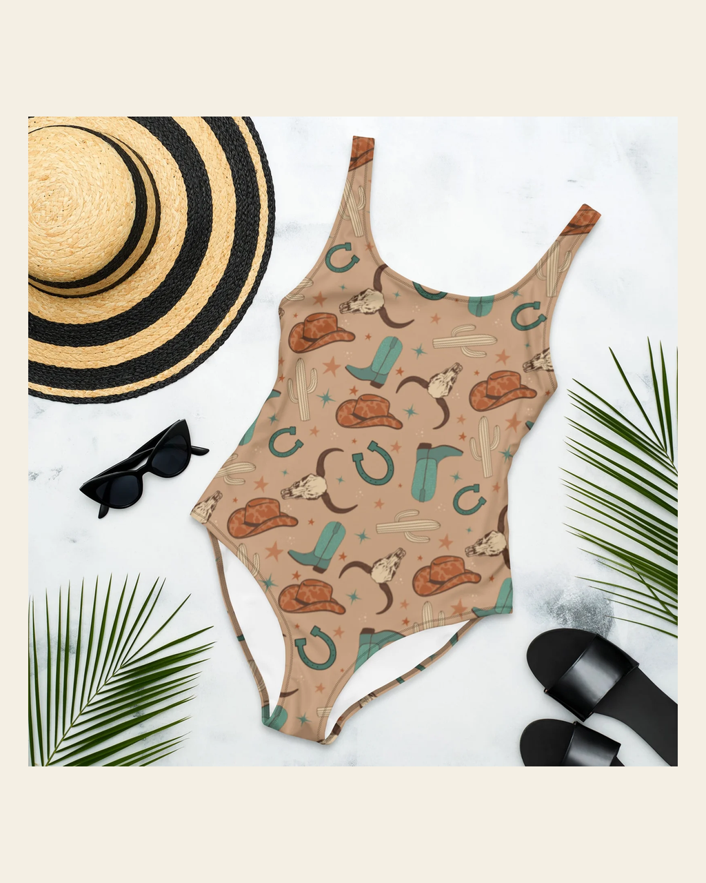 Baha Ranch Yeehaw All Western One-Piece Swimsuit on a warm cream background
