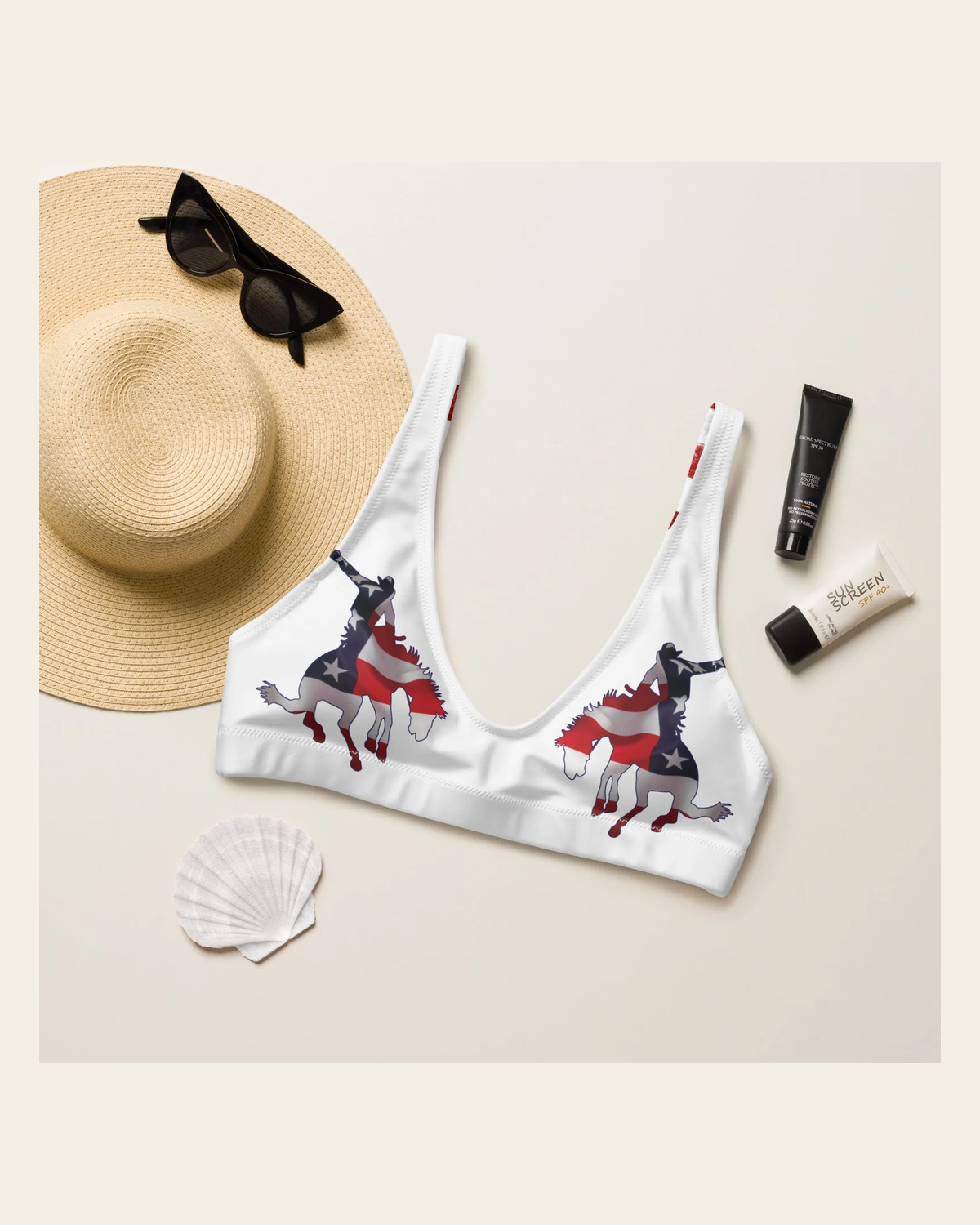 Baha Ranch Yeehaw American Rodeo Bikini Top on a warm cream background
