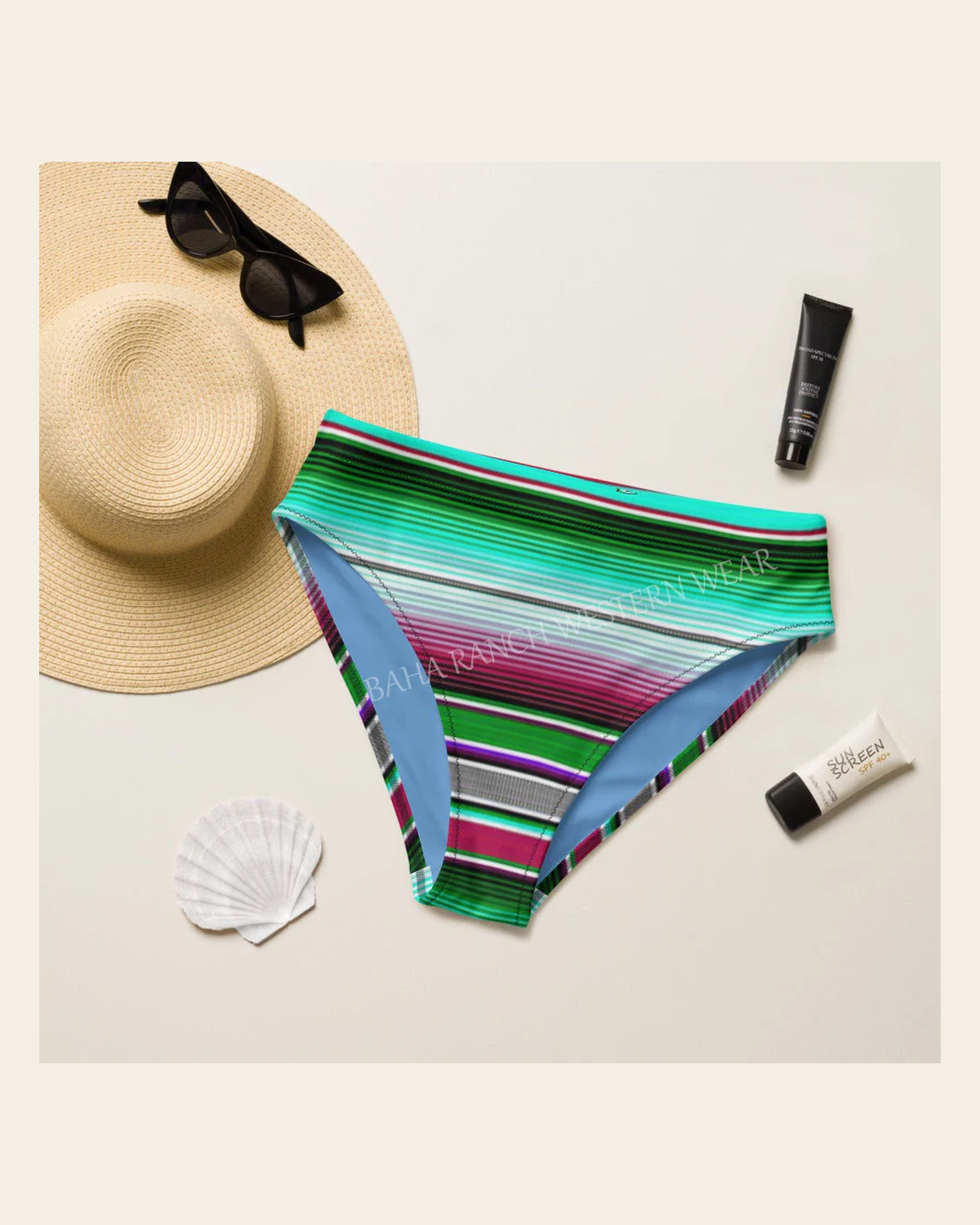 Baha Ranch Yeehaw Aqua Serape Bikini Bottom on a warm cream background