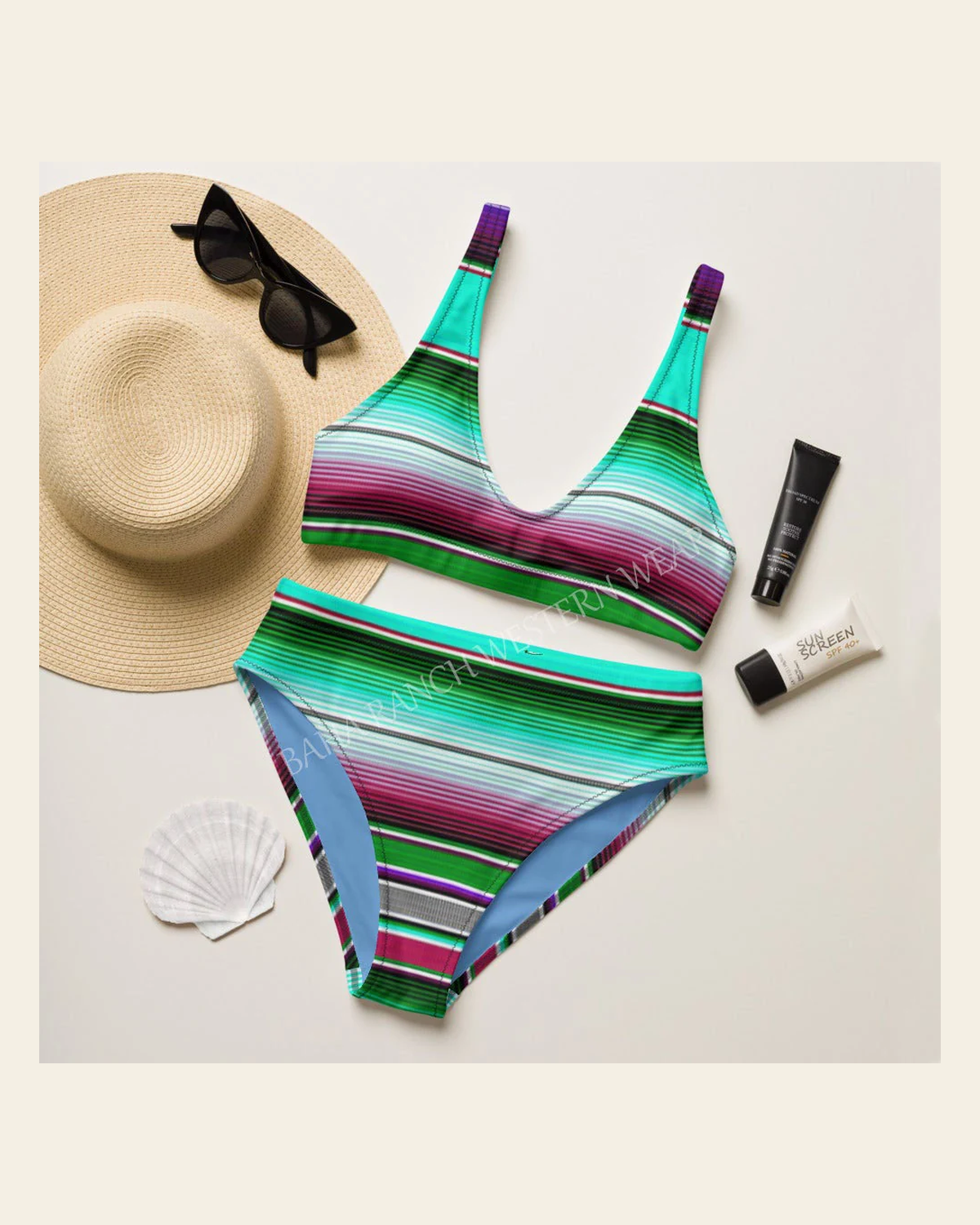 Baha Ranch Yeehaw Aqua Serape Bikini on a warm cream background