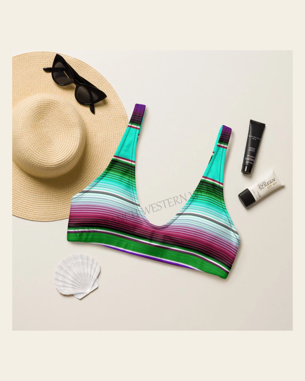 Baha Ranch Yeehaw Aqua Serape Bikini Top on a warm cream background