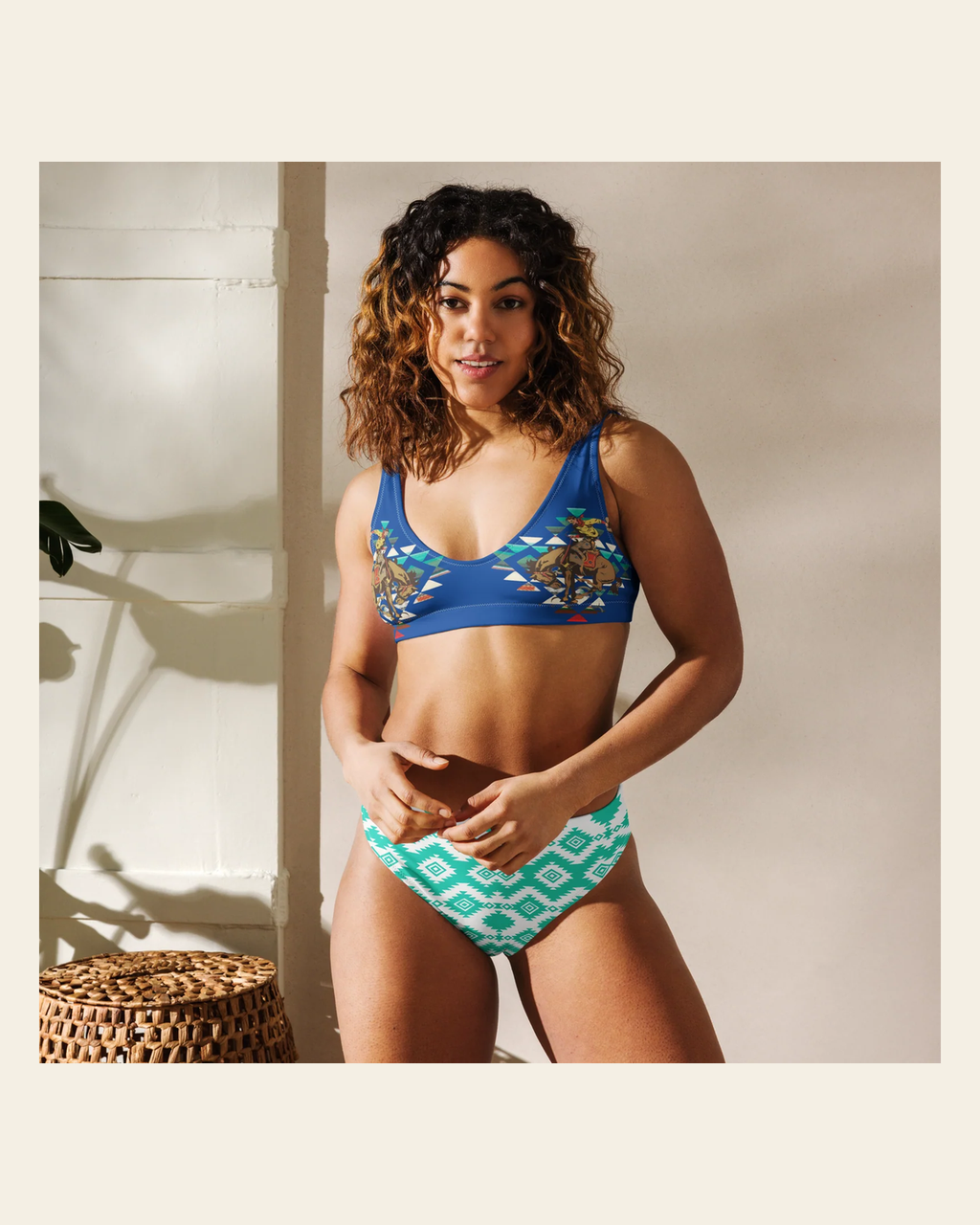Baha Ranch Yeehaw Aztec Bronc Bikini on a warm cream background