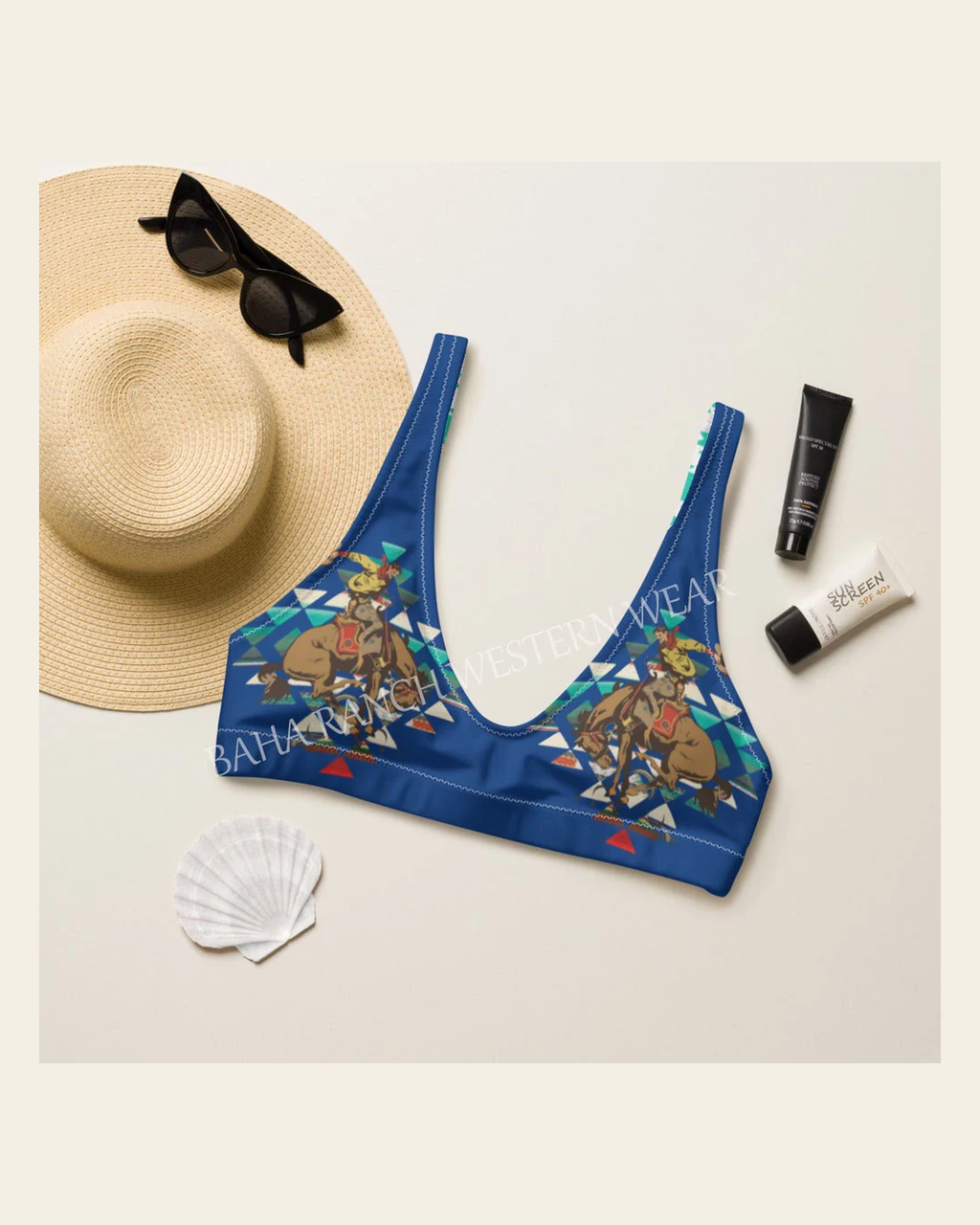 Baha Ranch Yeehaw Aztec Bronc Bikini Top on a warm cream background