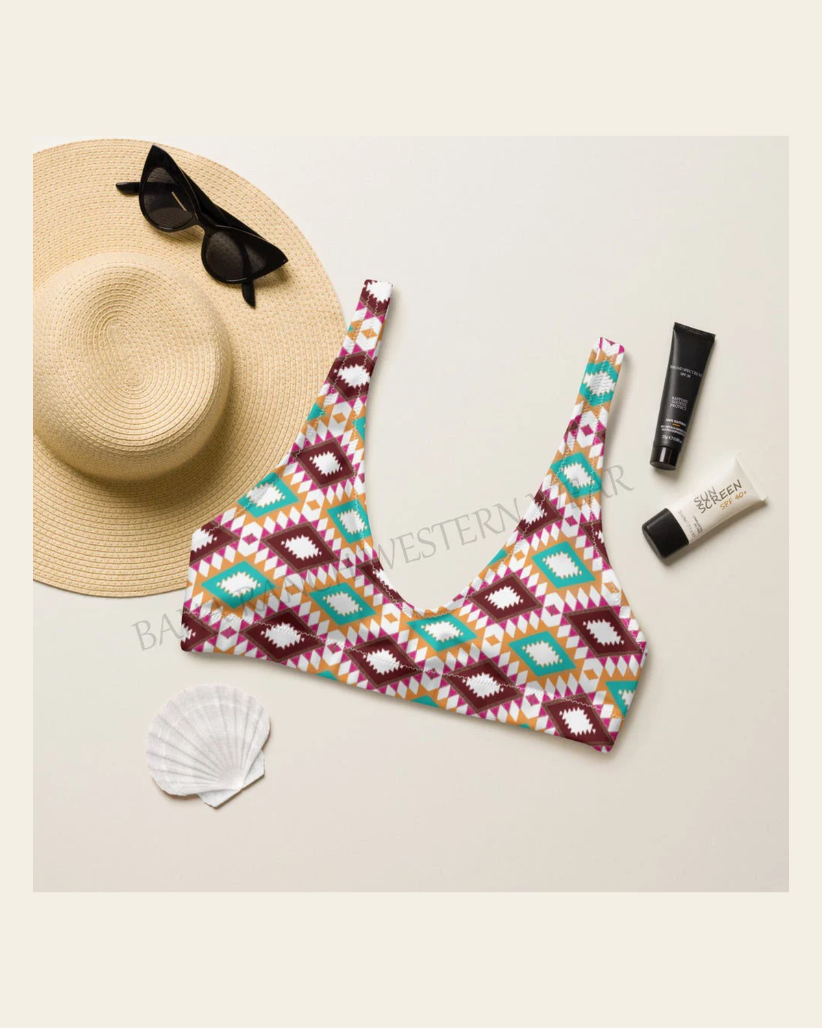 Baha Ranch Yeehaw Aztec Print Bikini Top on a warm cream background