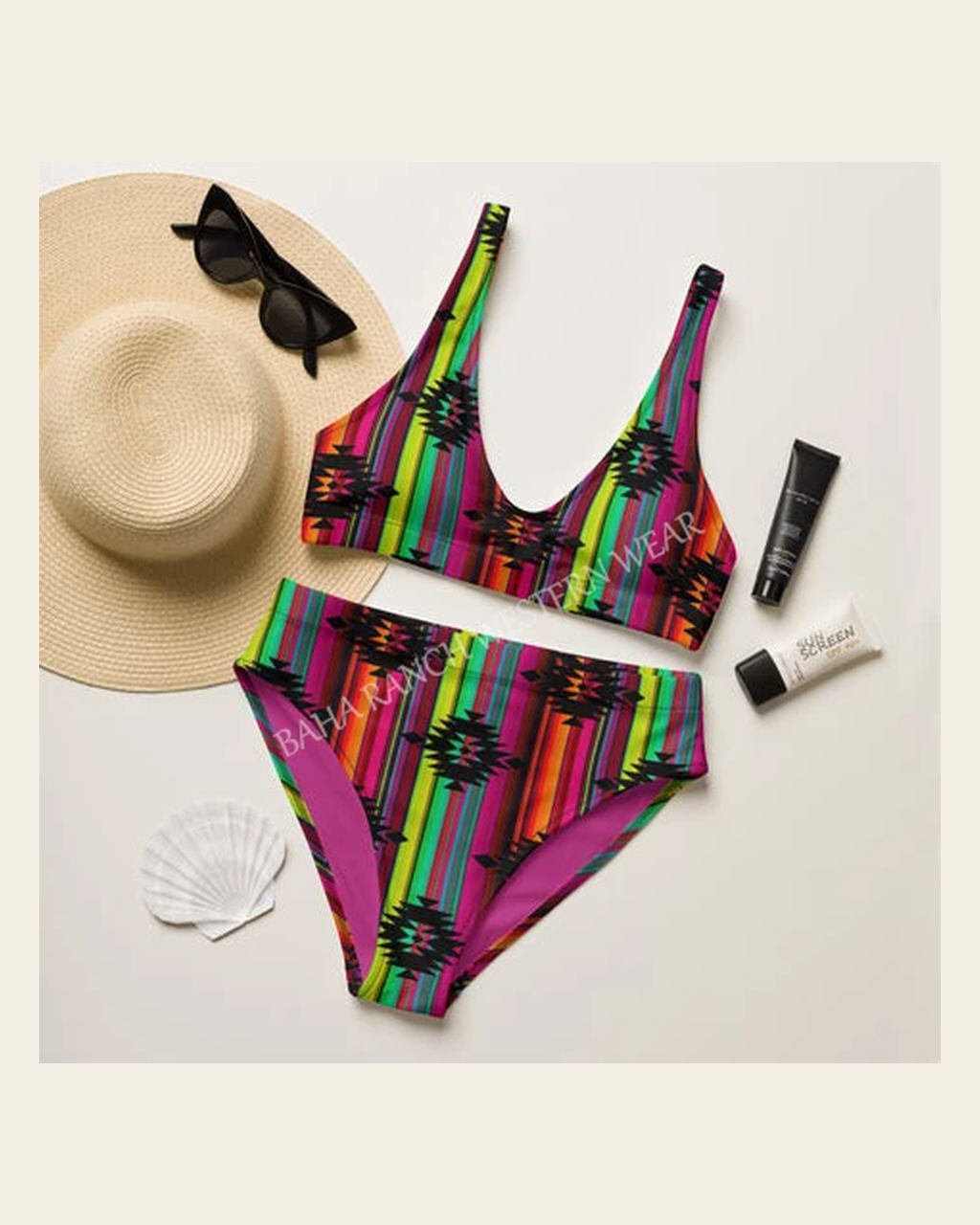 Baha Ranch Yeehaw Aztec Serape Bikini on a warm cream background