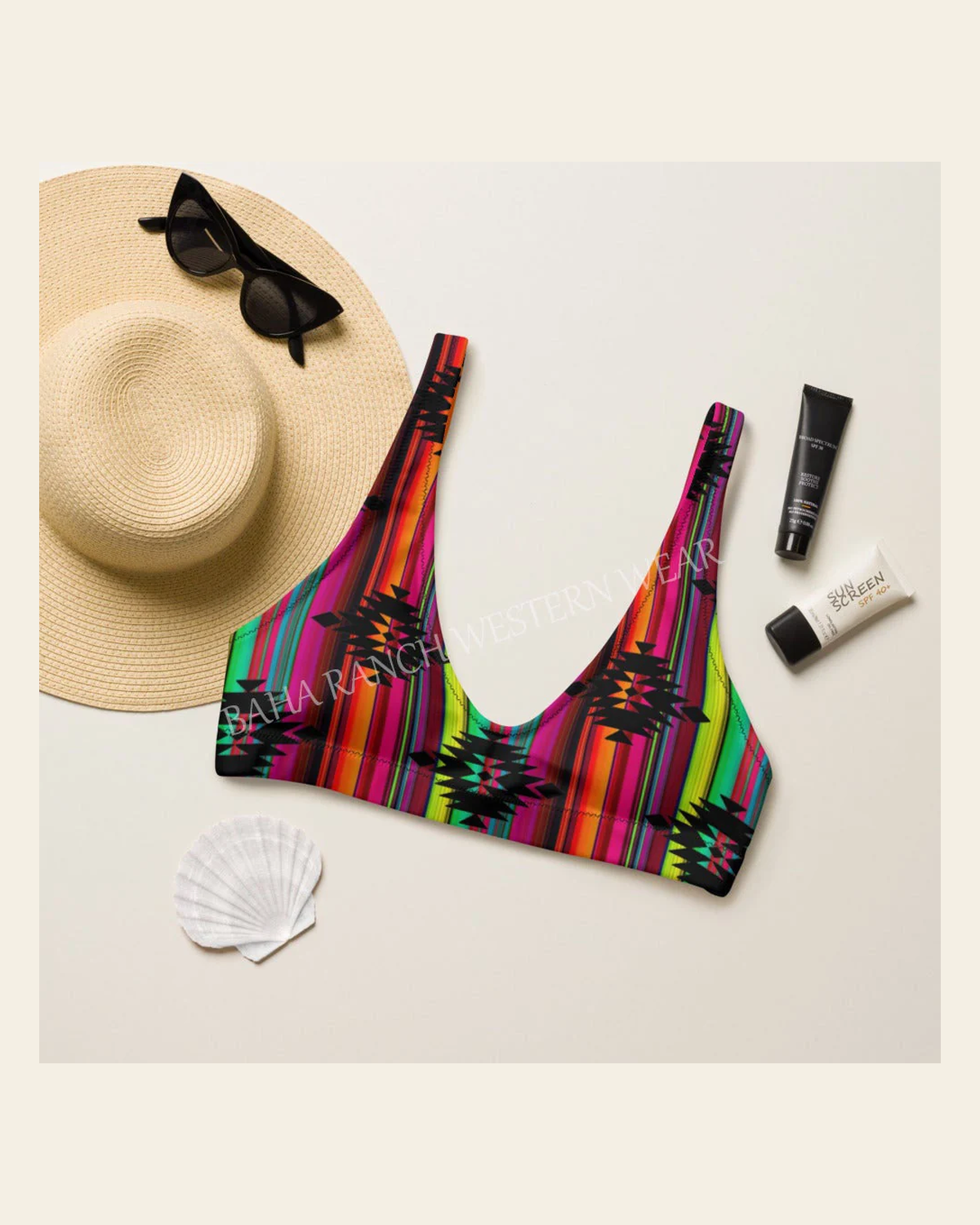 Baha Ranch Yeehaw Aztec Serape Bikini Top on a warm cream background